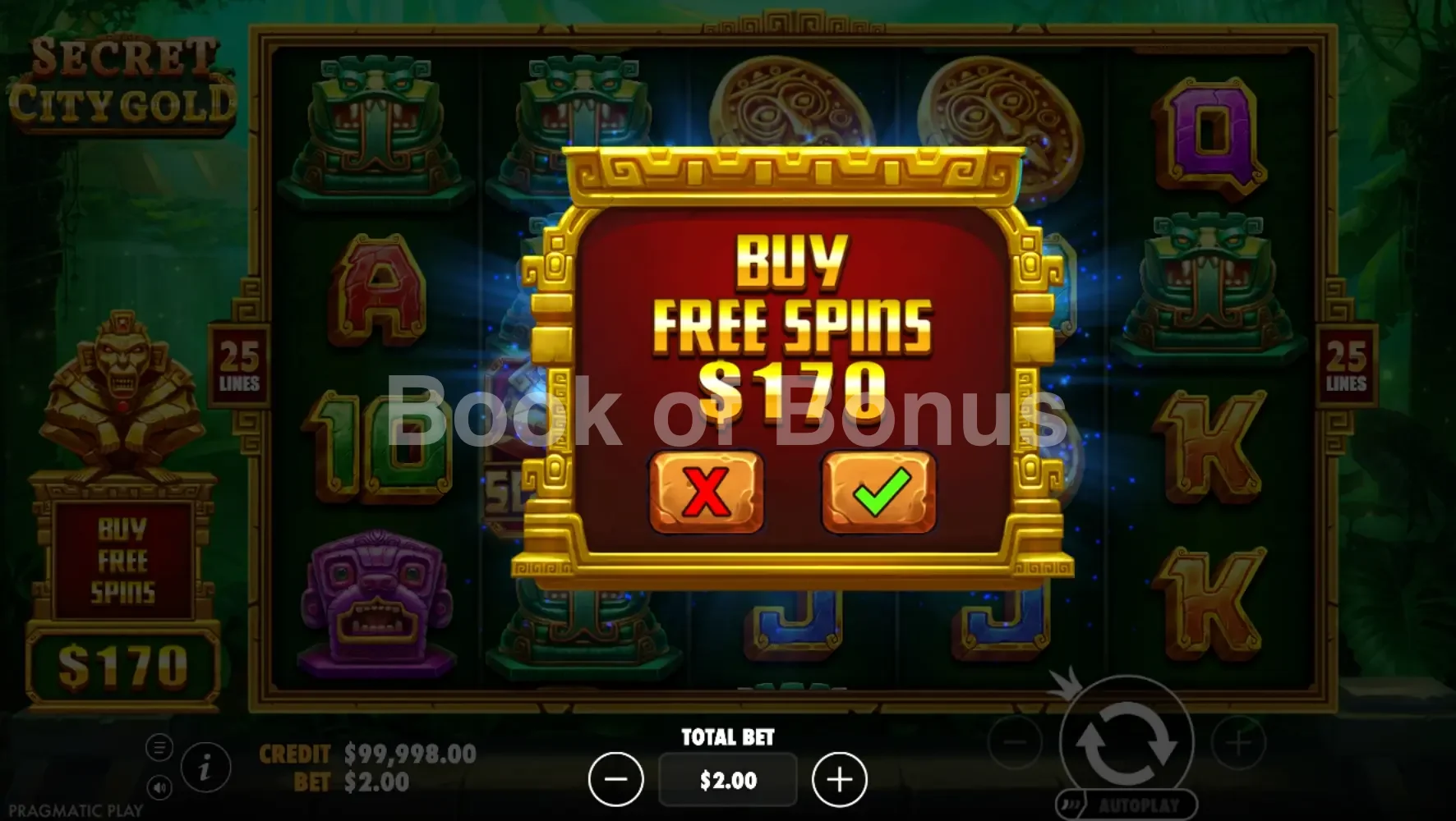 Secret City Gold par Pragmatic Play - menu d'achat de bonus et options