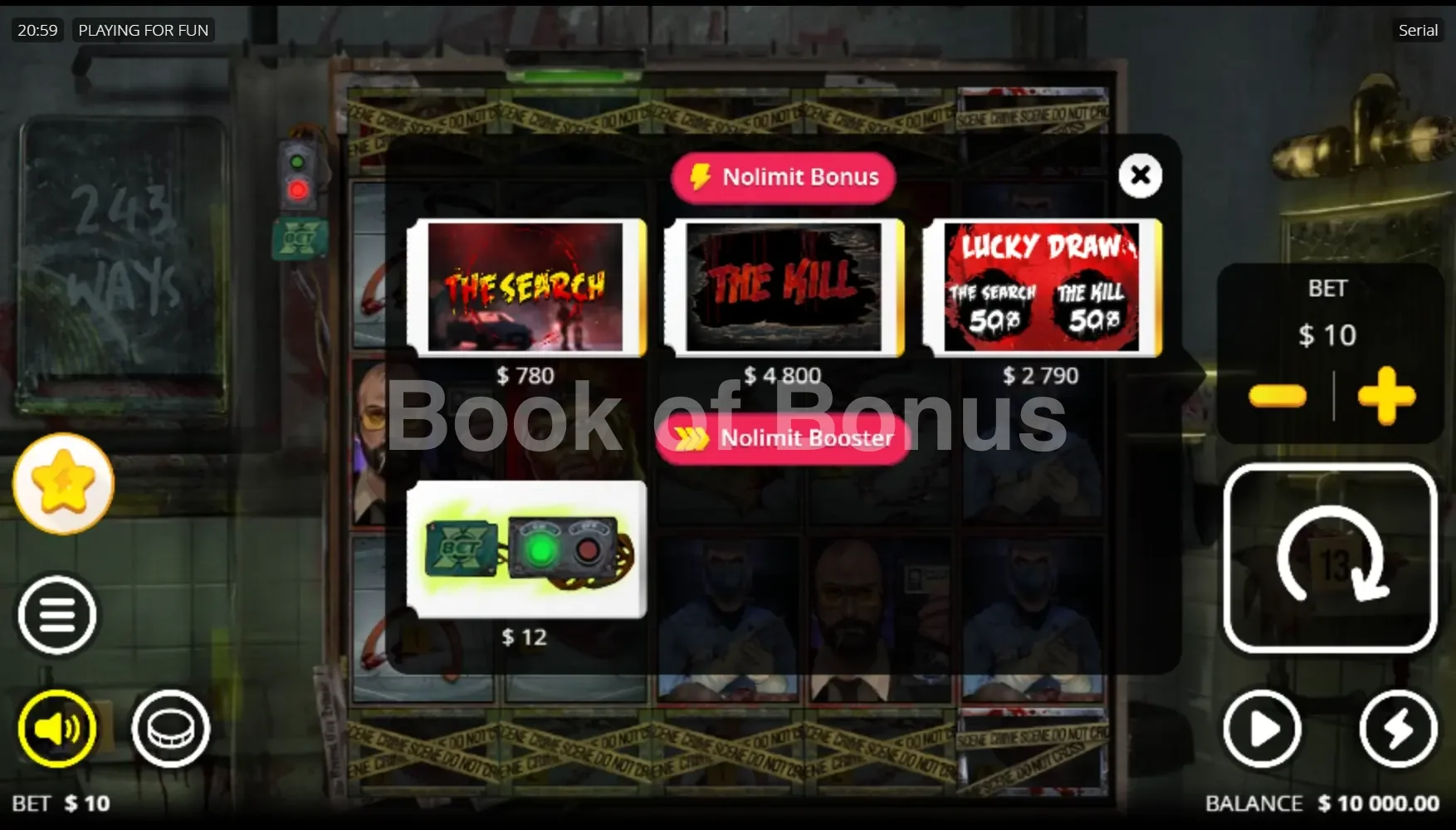 Serial par Nolimit City - menu d'achat de bonus et options