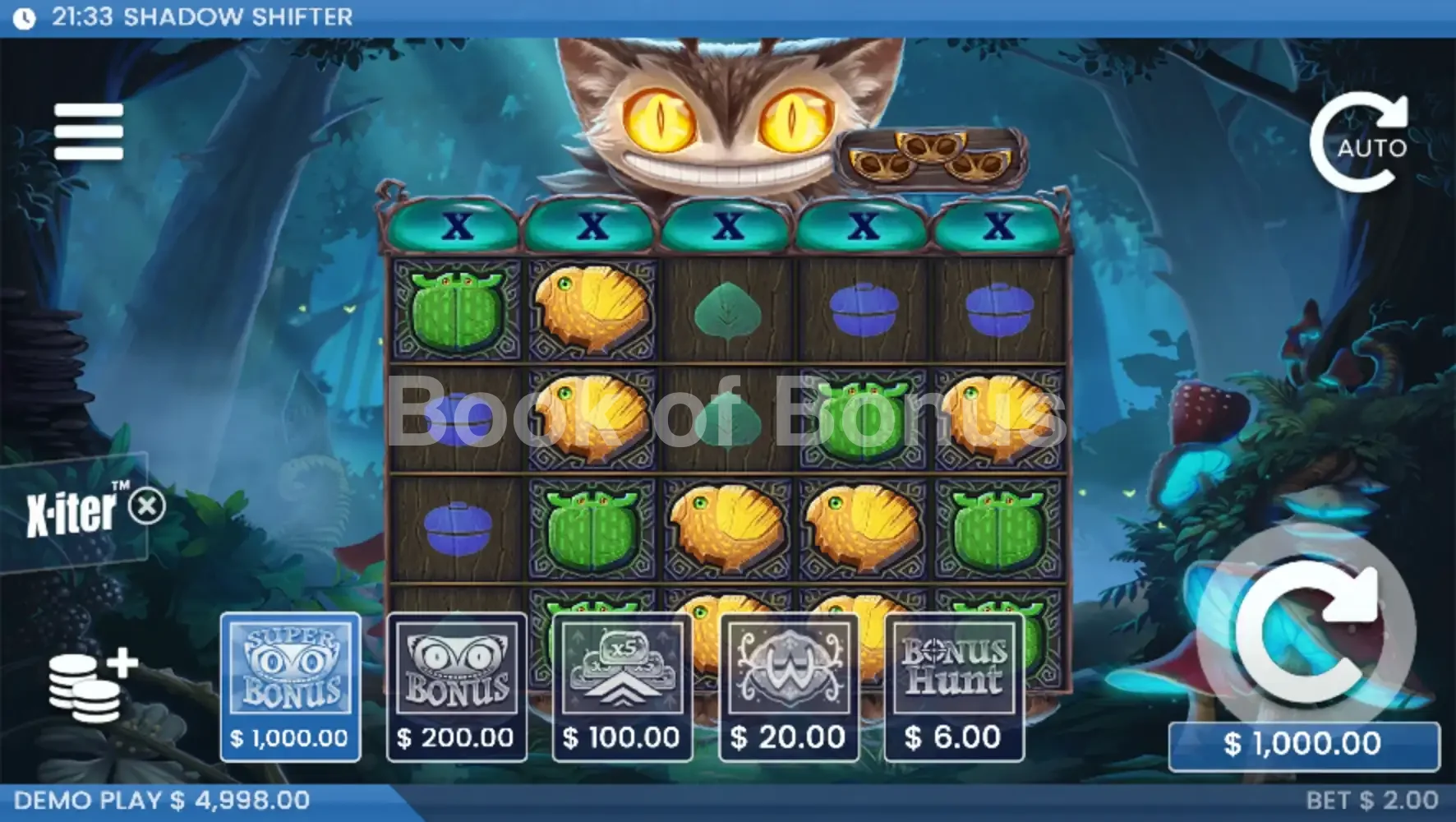 Shadow Shifter par ELK Studios - menu d'achat de bonus et options