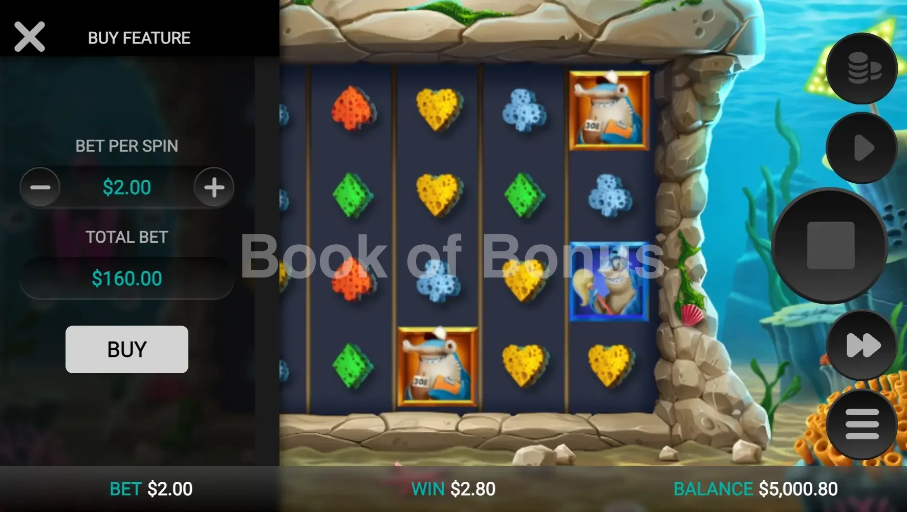 Shark Wash par Relax Gaming - menu d'achat de bonus et options