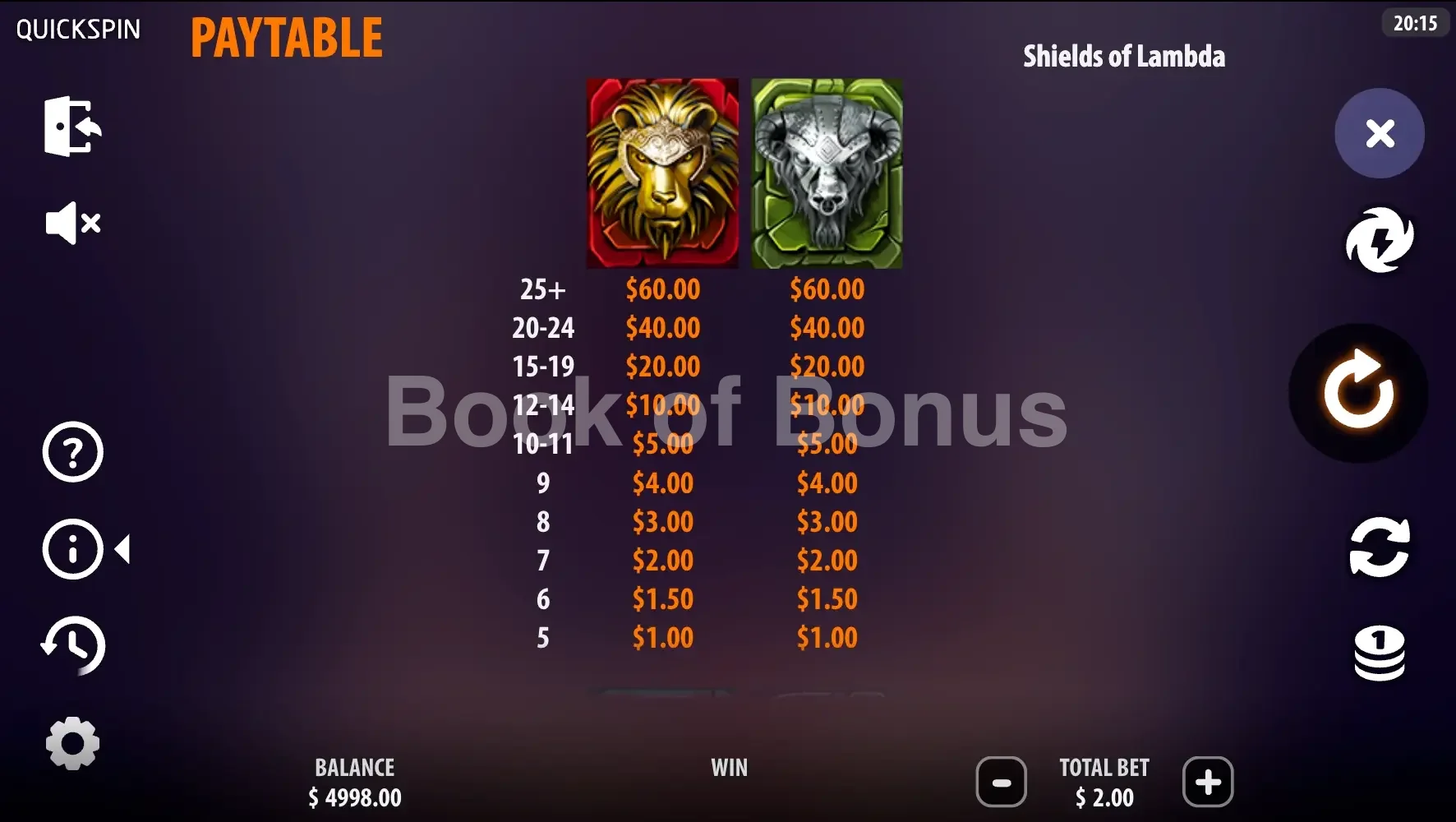 Shields of Lambda par Quickspin - table des gains et valeurs des symboles