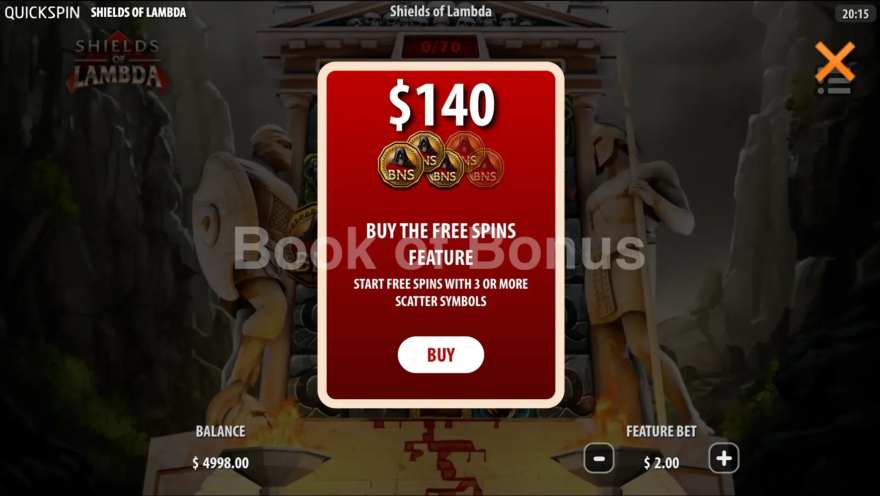 Shields of Lambda par Quickspin - menu d'achat de bonus et options