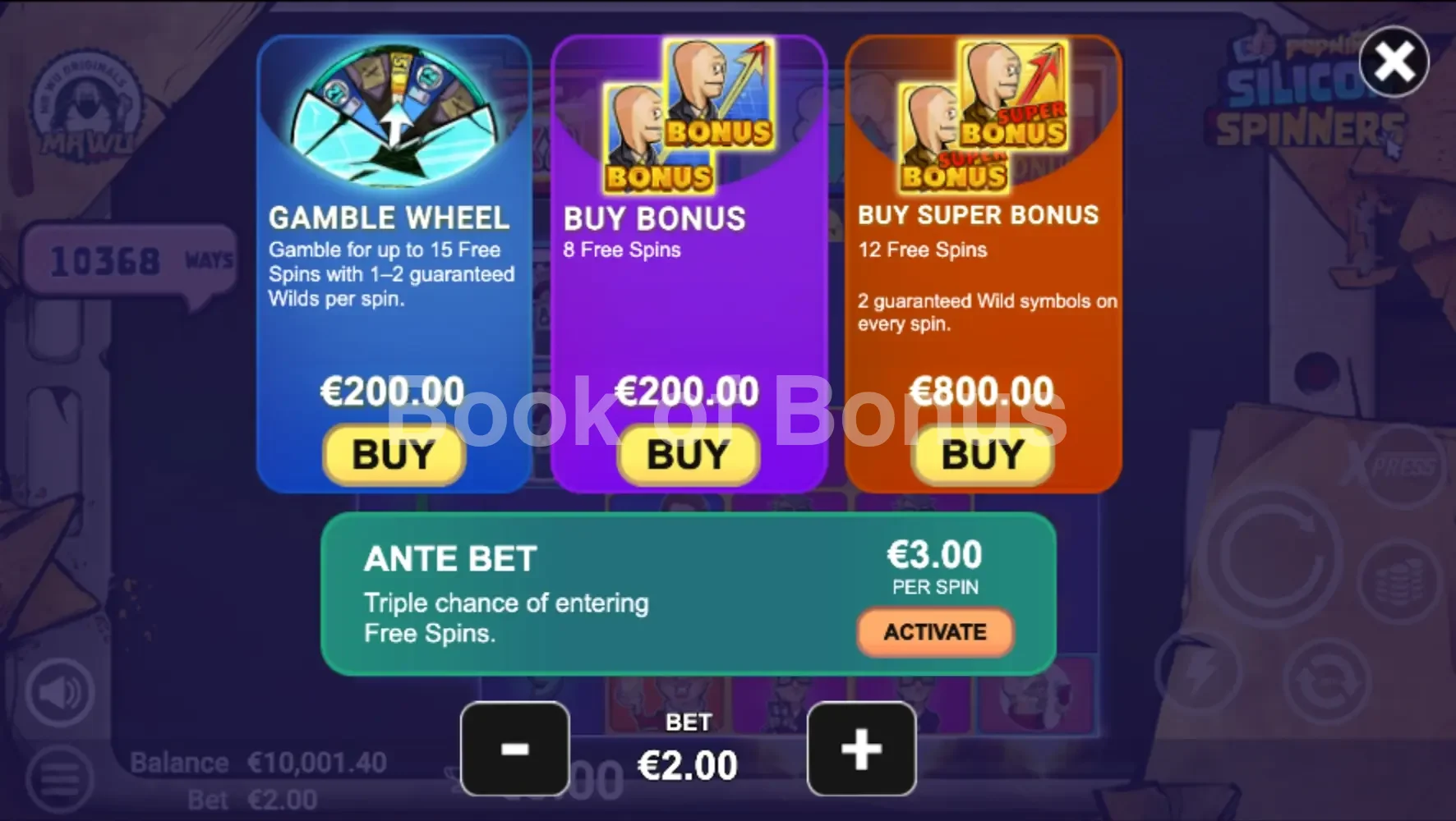 Silicon Spinners par Avatar UX - menu d'achat de bonus et options