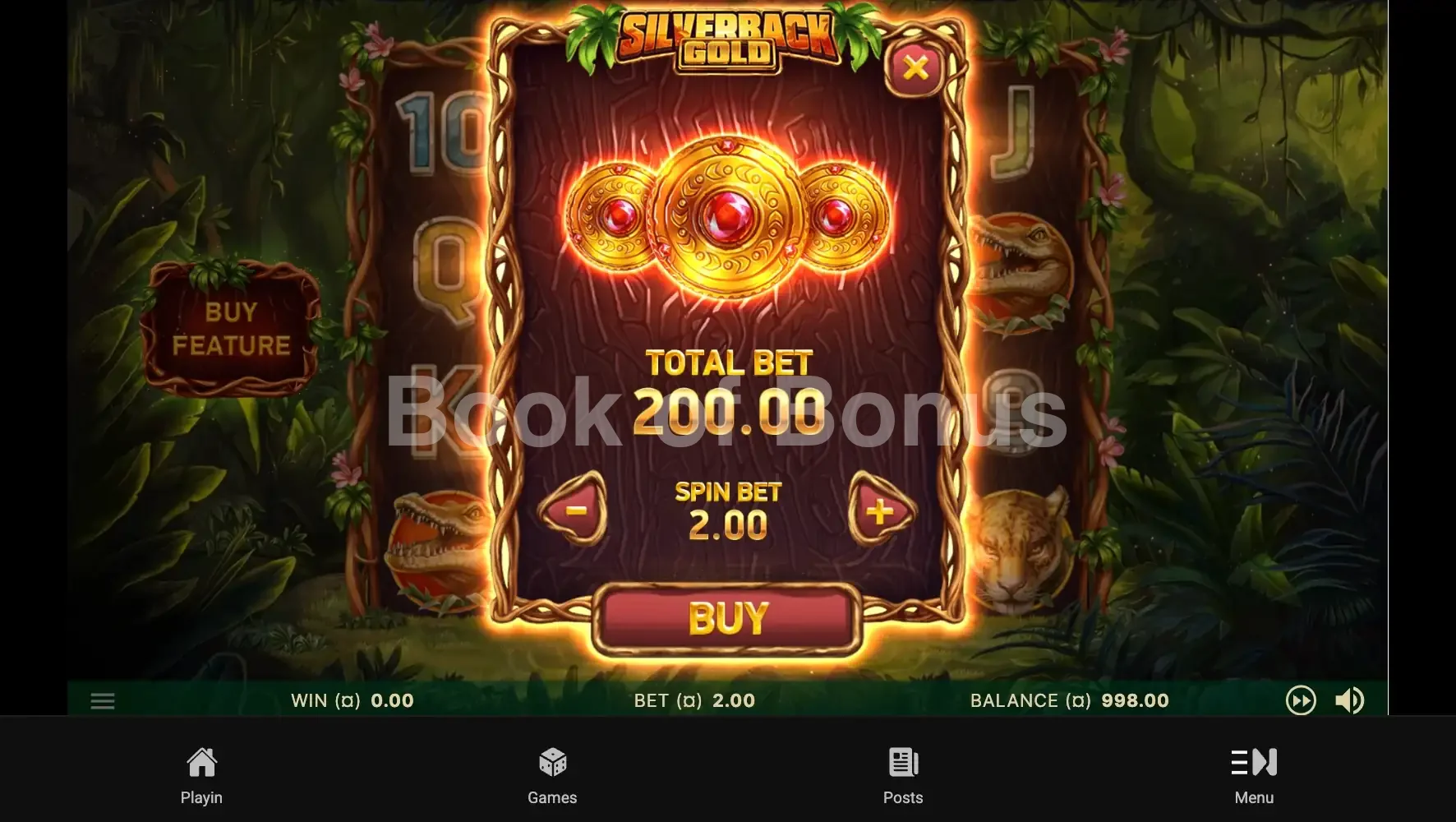 Silverback Gold par NetEnt - menu d'achat de bonus et options