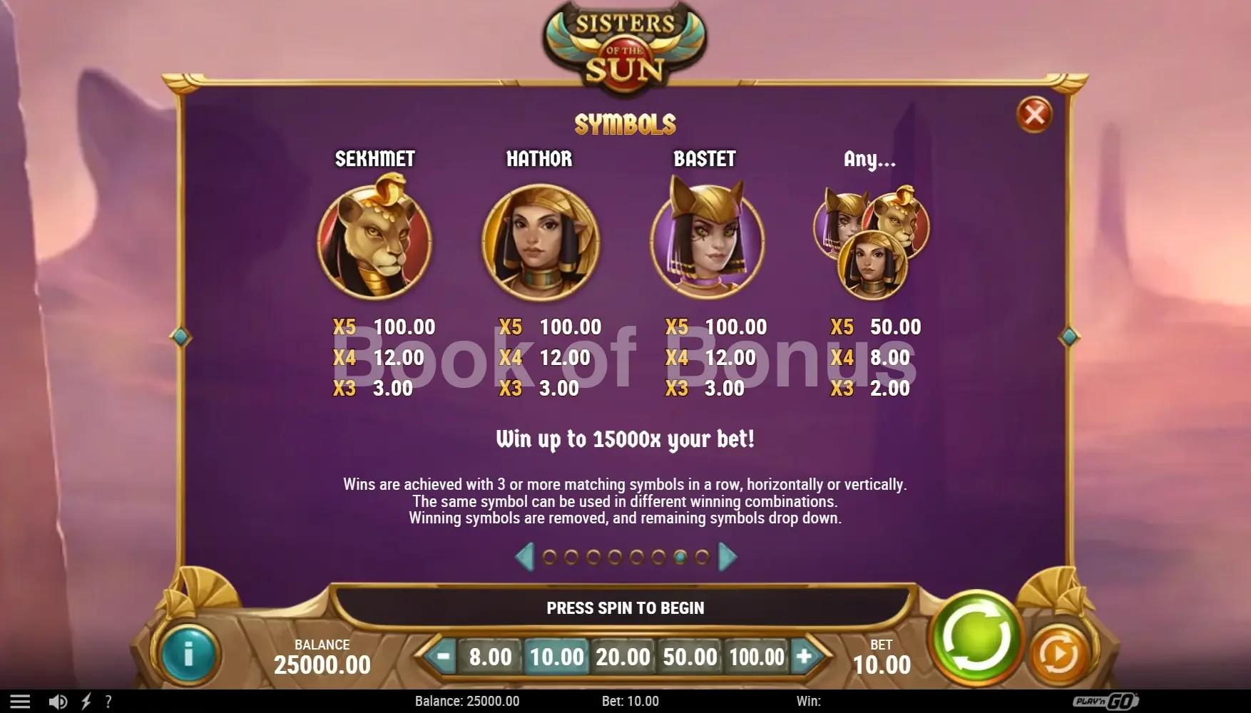 Sisters of the Sun par Play'n GO - table des gains et valeurs des symboles