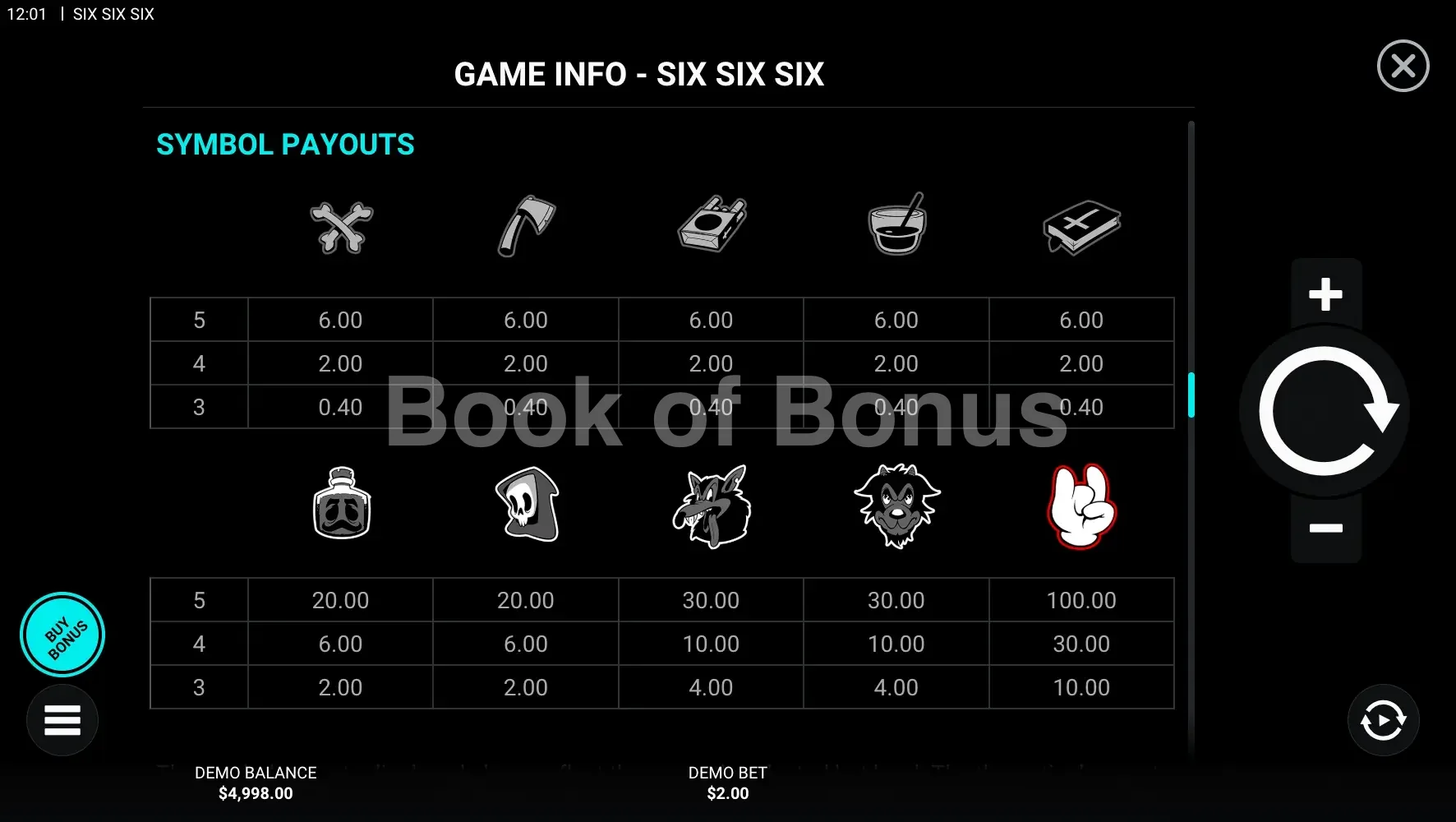 Tableau des gains SixSixSix