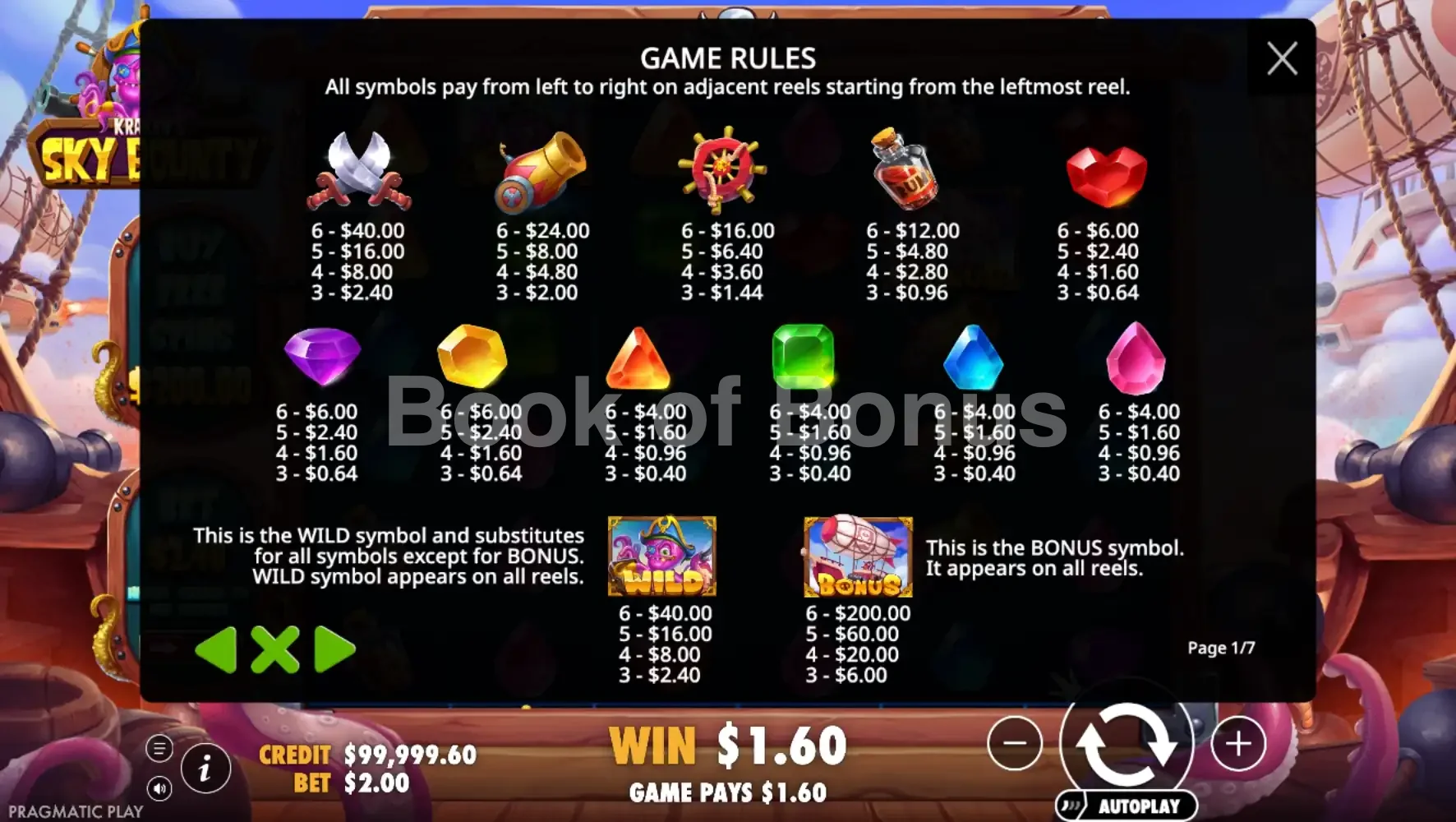Sky Bounty par Pragmatic Play - table des gains et valeurs des symboles