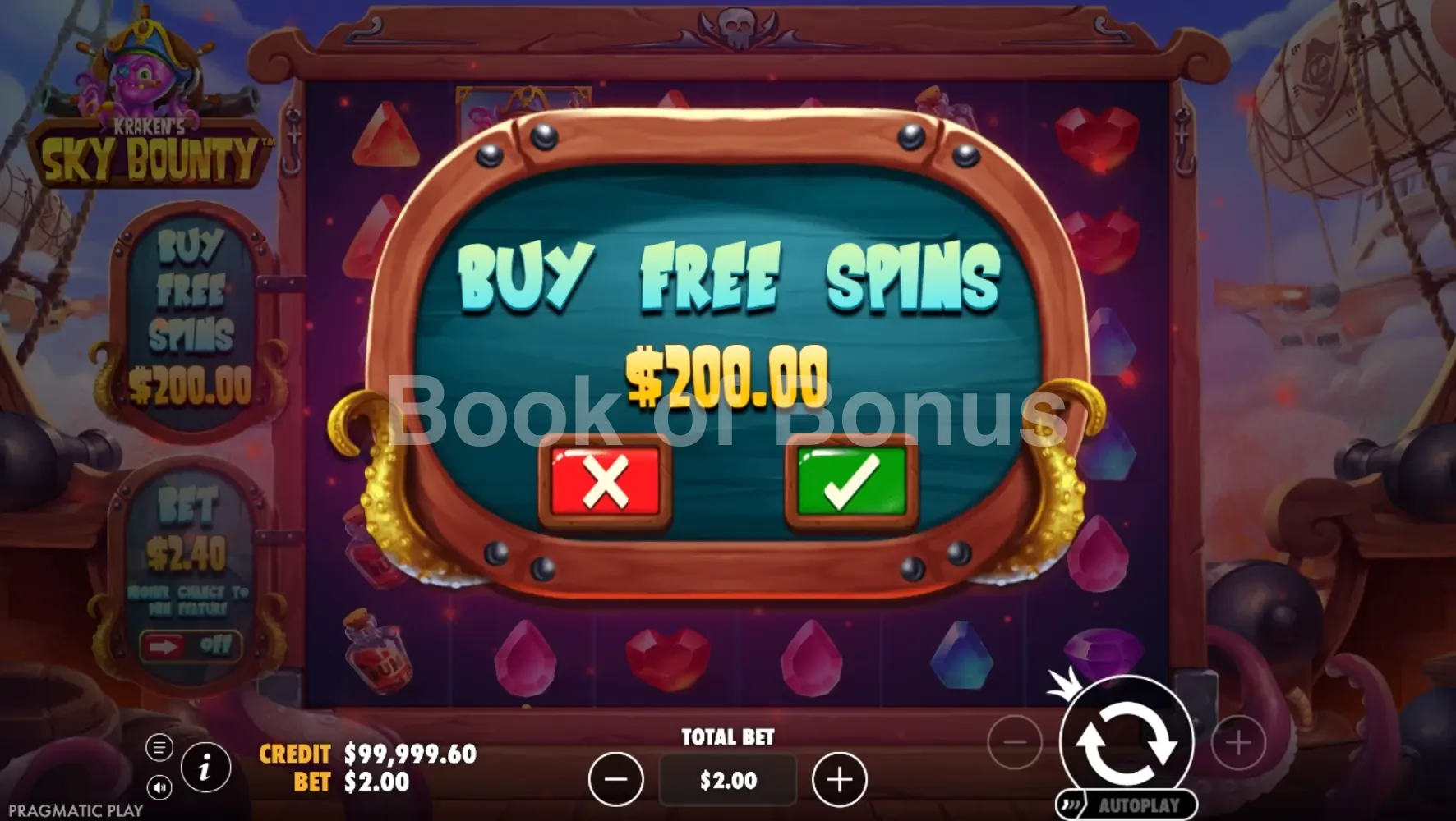 Sky Bounty par Pragmatic Play - menu d'achat de bonus et options