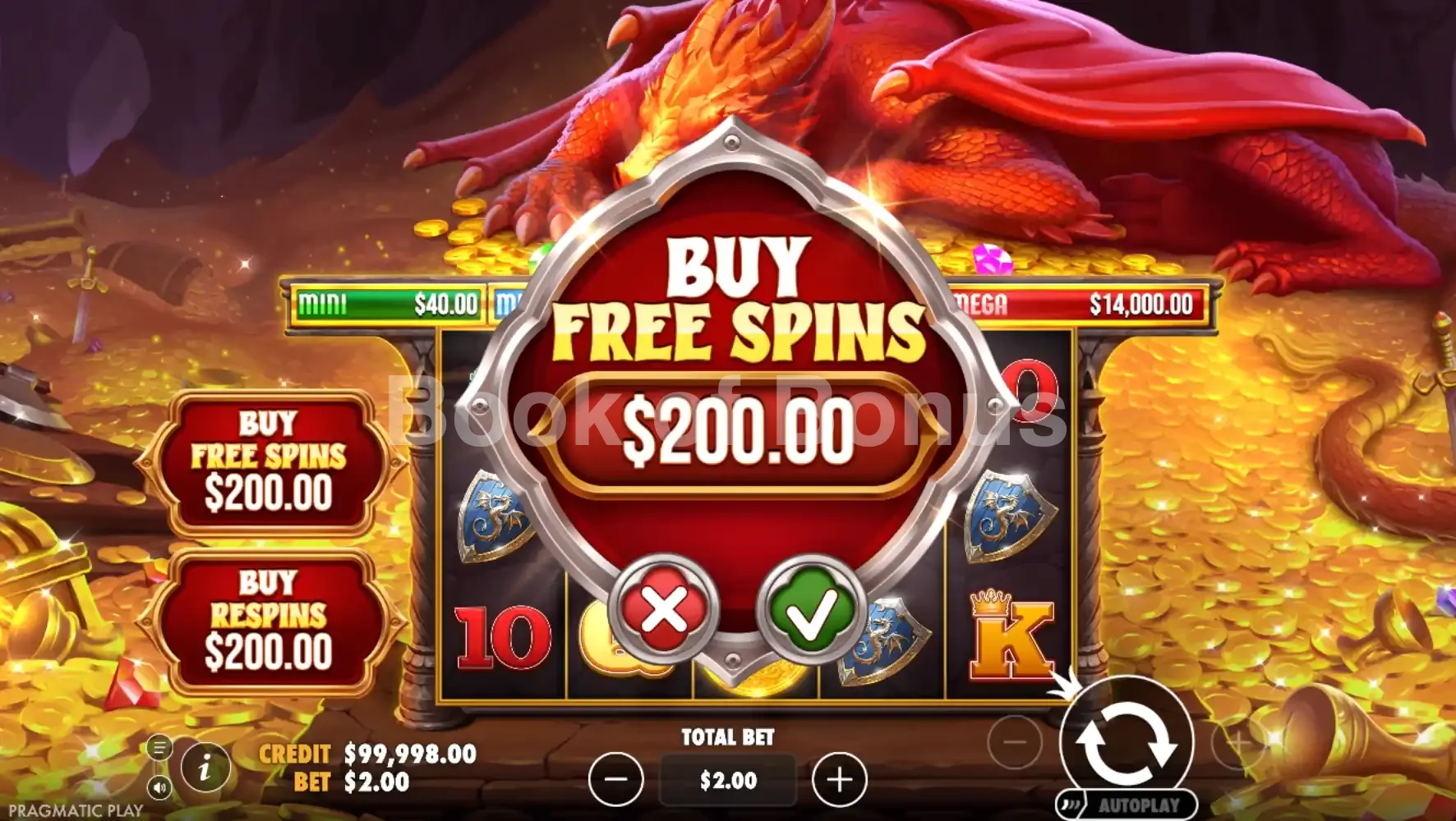 Sleeping Dragon par Pragmatic Play - menu d'achat de bonus et options
