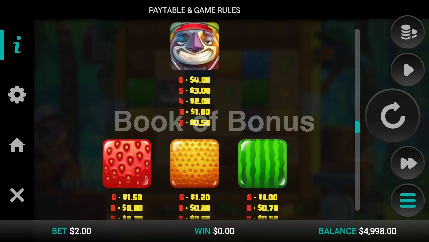 Sloth Tumble par Relax Gaming - table des gains et valeurs des symboles