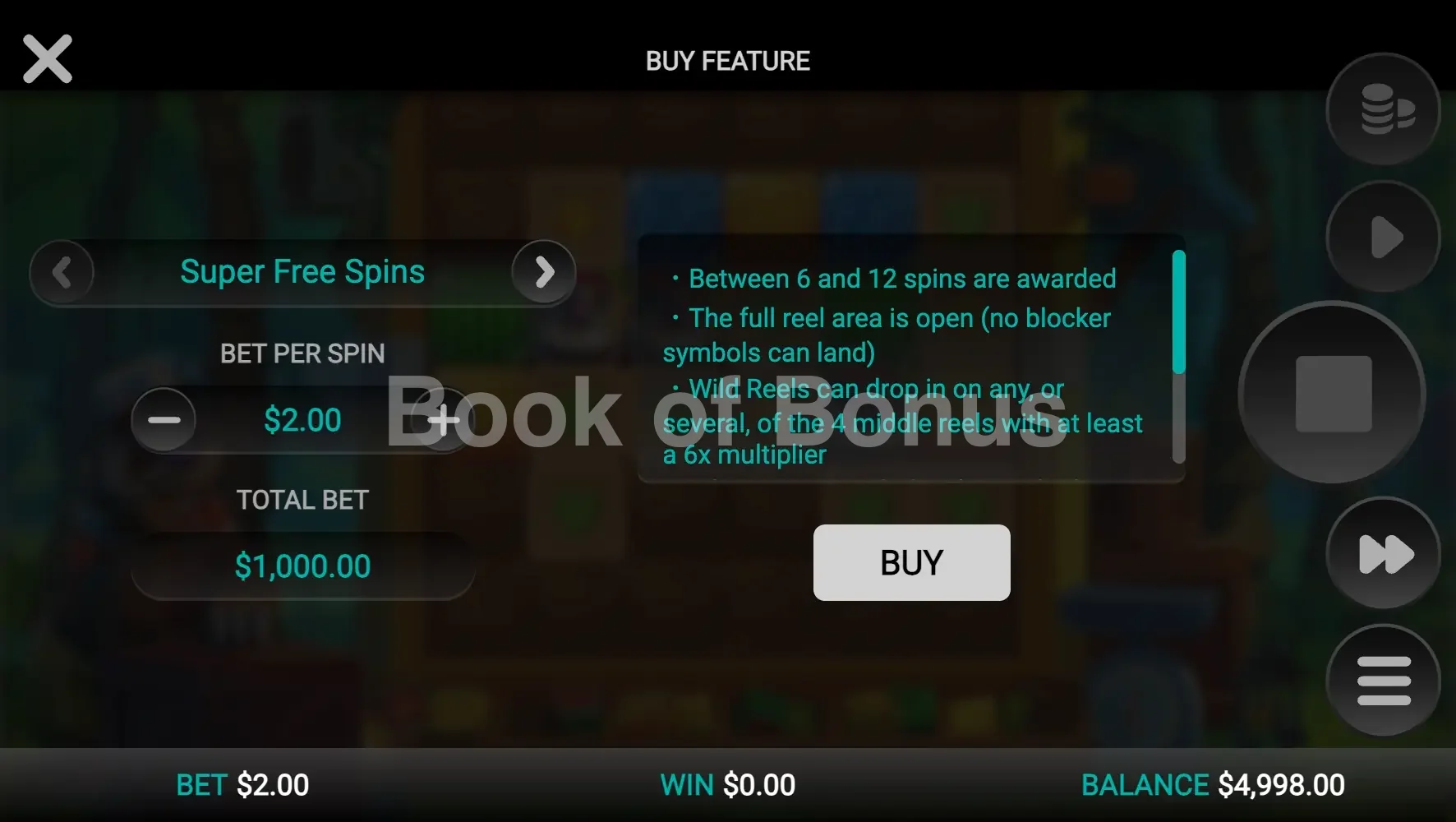 Sloth Tumble par Relax Gaming - menu d'achat de bonus et options