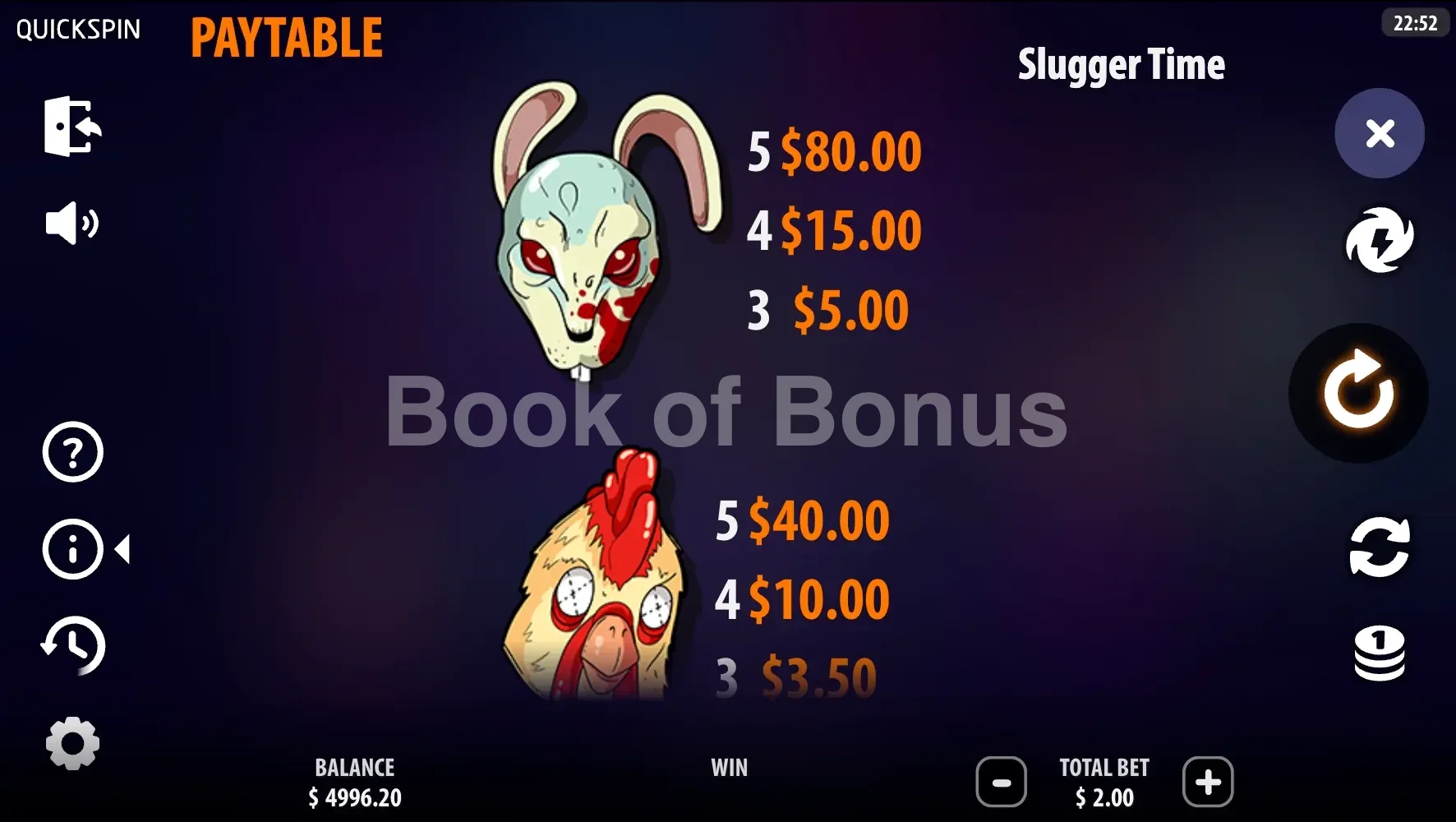 Slugger Time par Quickspin - table des gains et valeurs des symboles