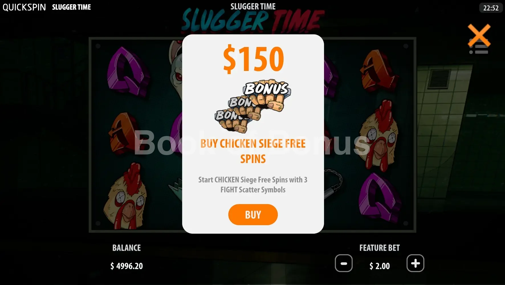Slugger Time par Quickspin - menu d'achat de bonus et options