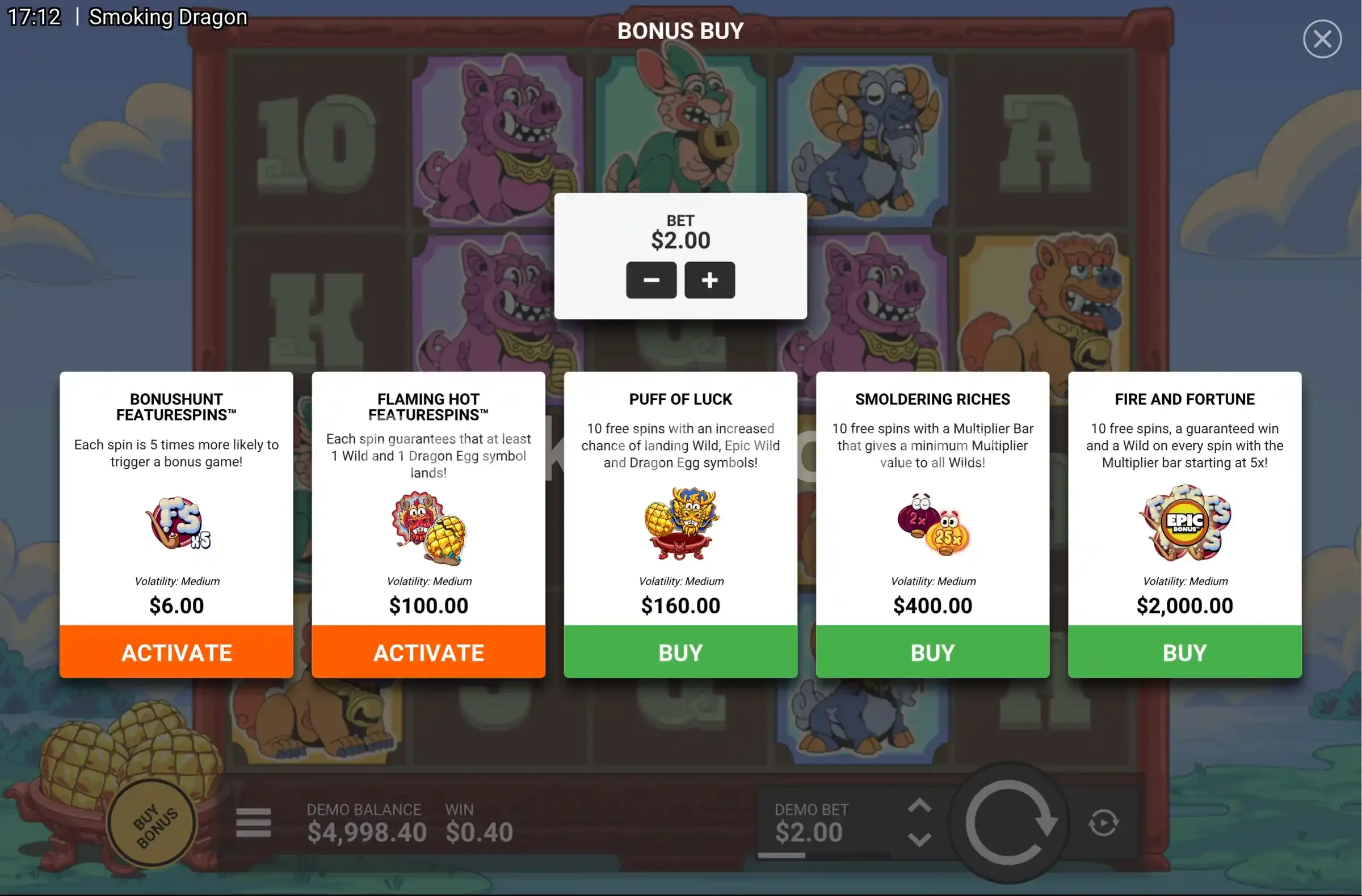 Smoking Dragon par Hacksaw Gaming - menu d'achat de bonus et options