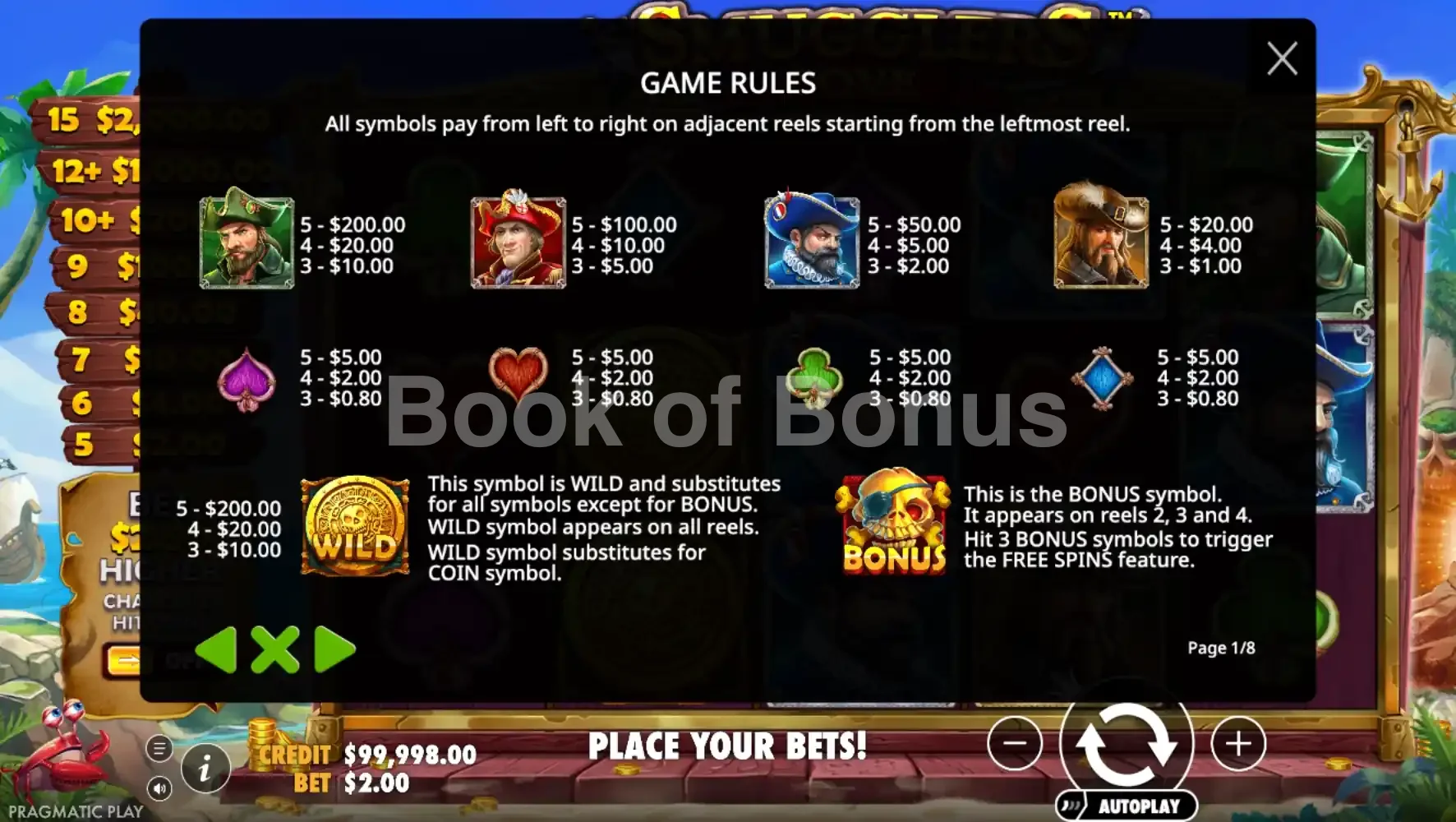 Smugglers Cove par Pragmatic Play - table des gains et valeurs des symboles