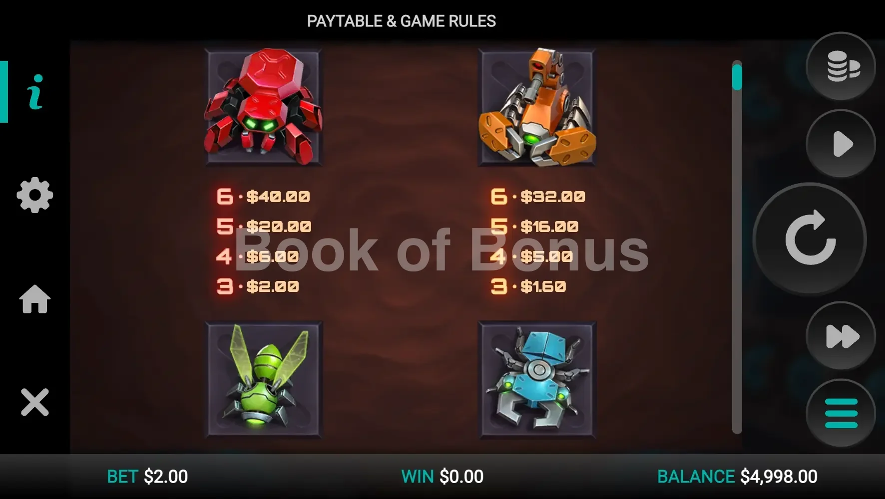 Table des paiements Snake Arena 2
