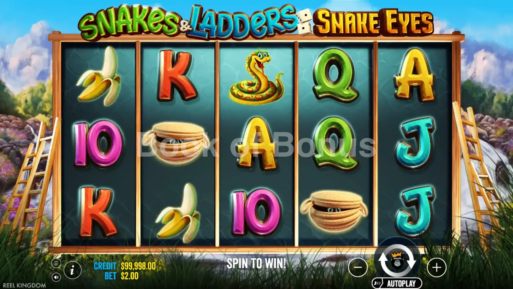 Snakes & Ladders Snake Eyes par Reel Kingdom - jeu de base et disposition des rouleaux