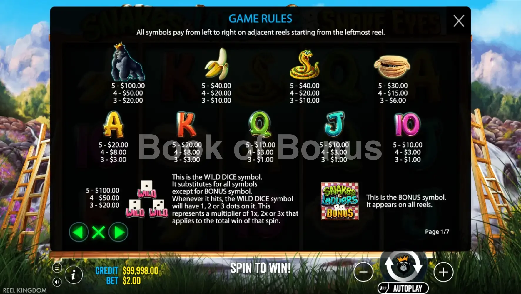 Snakes & Ladders Snake Eyes par Reel Kingdom - table des gains et valeurs des symboles