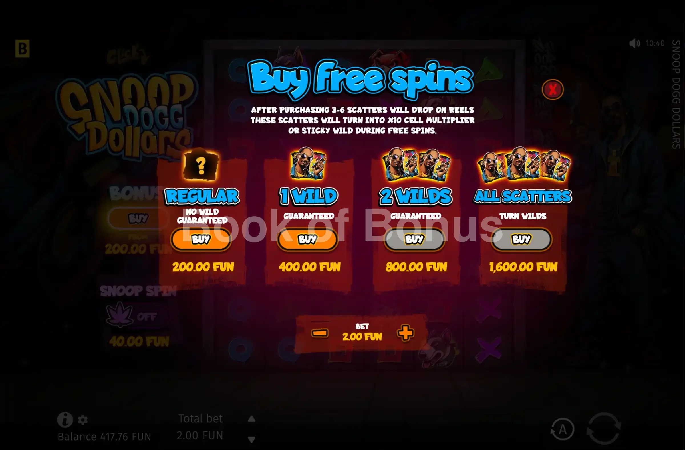 Snoop Dogg Dollars par BGaming - menu d'achat de bonus et options