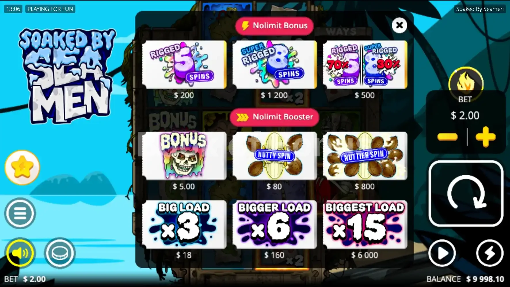 Soaked by Seamen par Nolimit City - menu d'achat de bonus et options