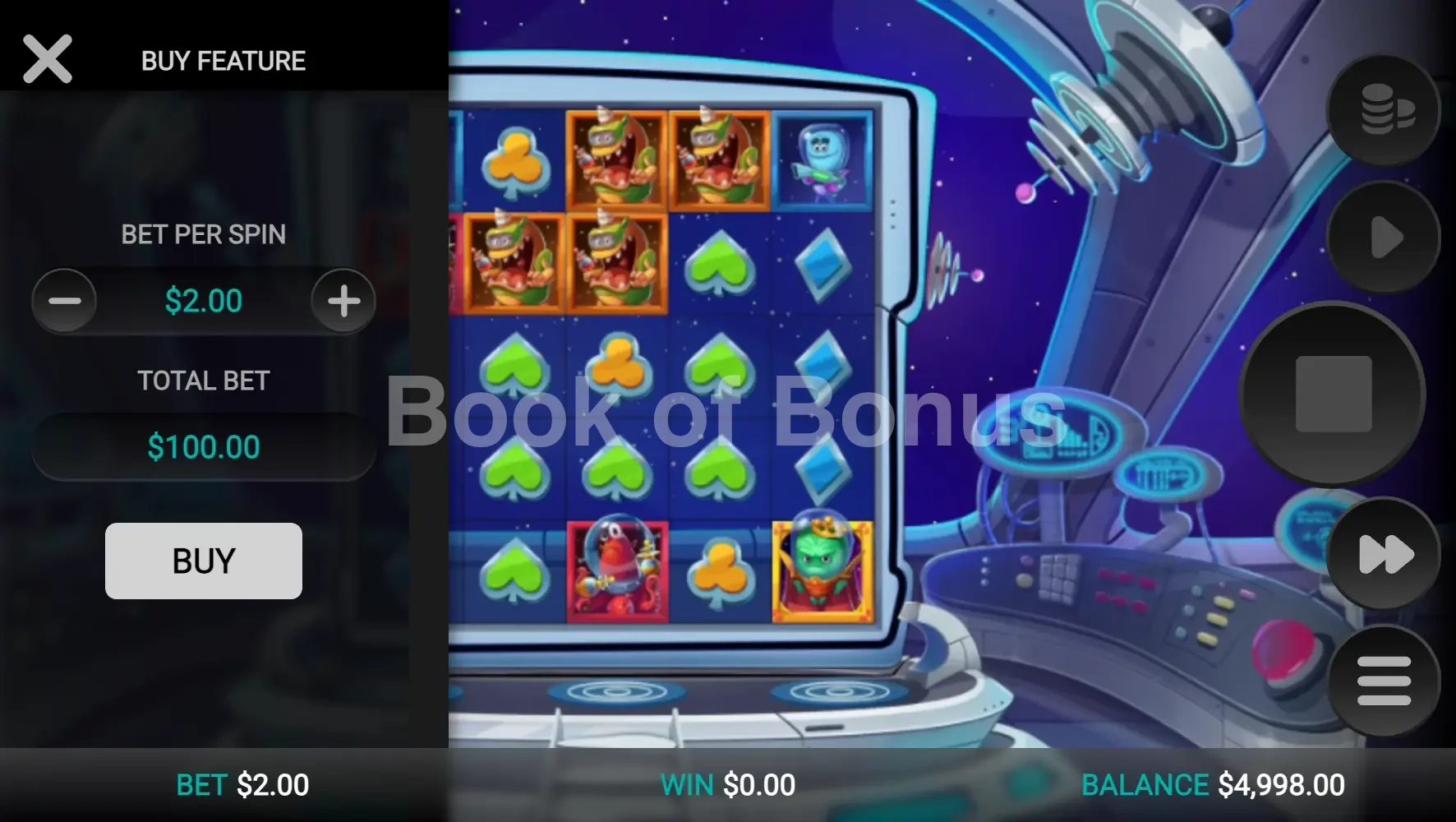 Space Attacks Dream Drop par Relax Gaming - menu d'achat de bonus et options