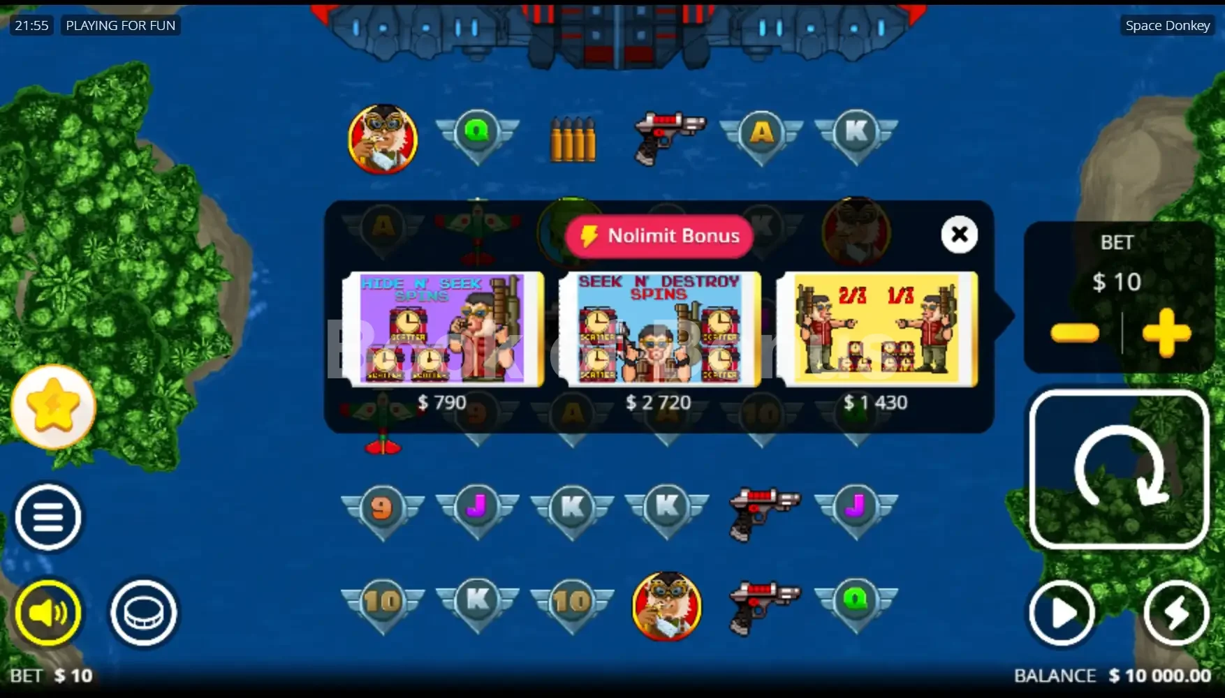 Space Donkey par Nolimit City - menu d'achat de bonus et options