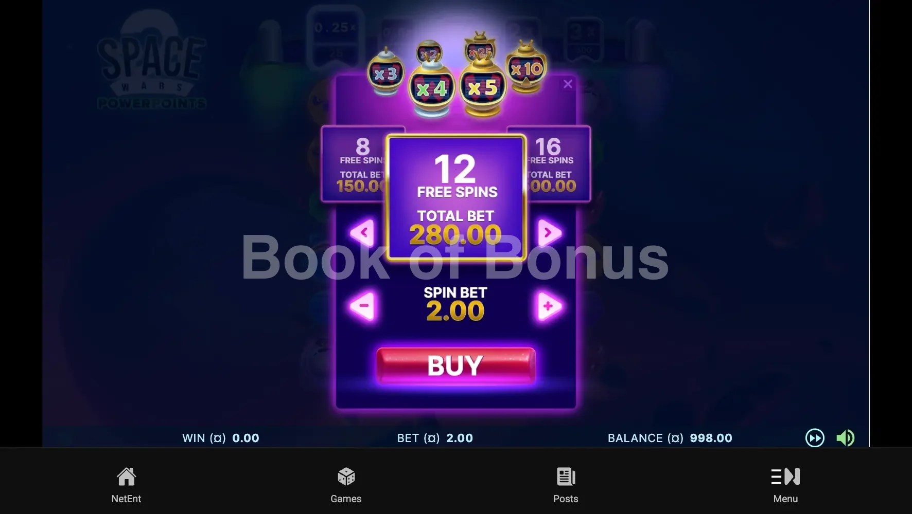 Space Wars 2 Powerpoints par NetEnt - menu d'achat de bonus et options