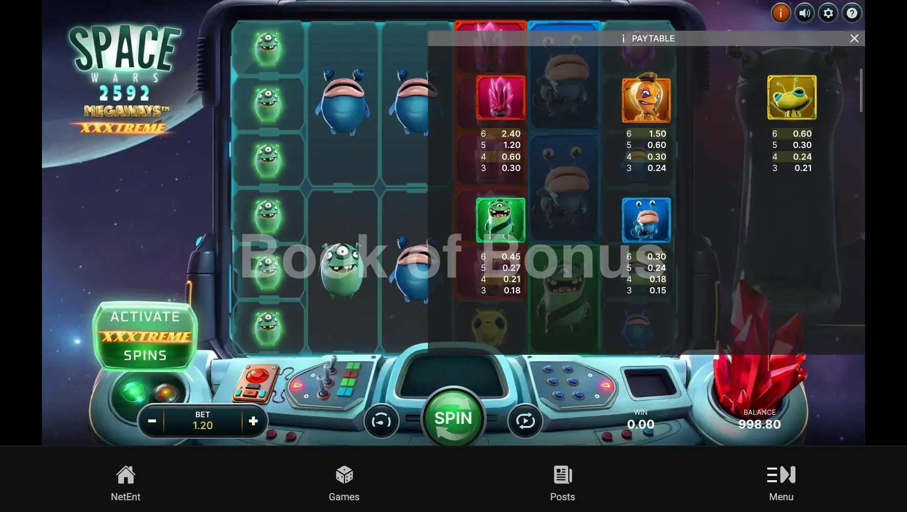 Space Wars XXXtreme Megaways par NetEnt - table des gains et valeurs des symboles