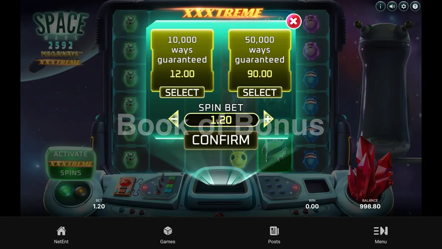 Space Wars XXXtreme Megaways par NetEnt - menu d'achat de bonus et options
