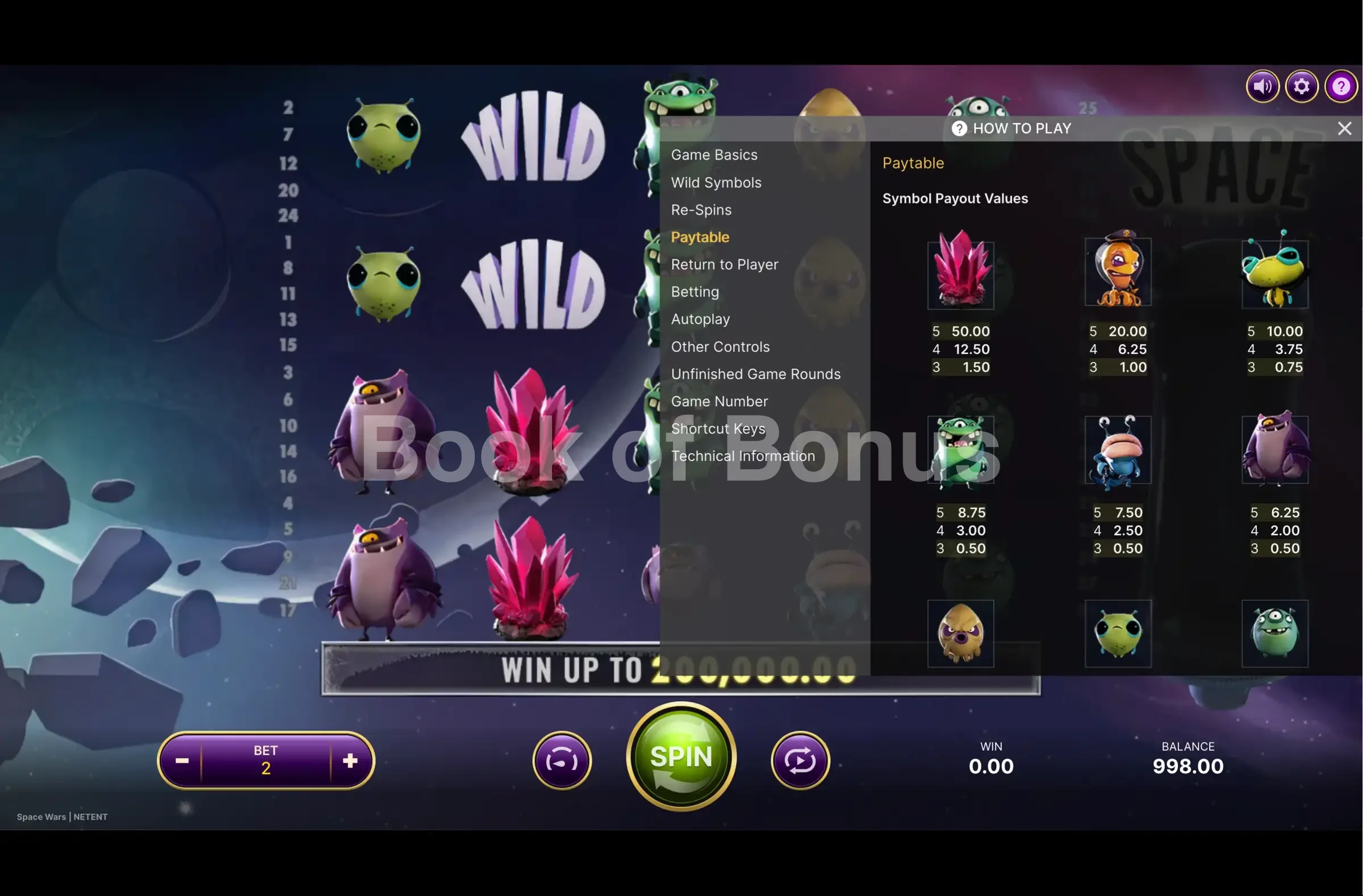 Space Wars par NetEnt - table des gains et valeurs des symboles