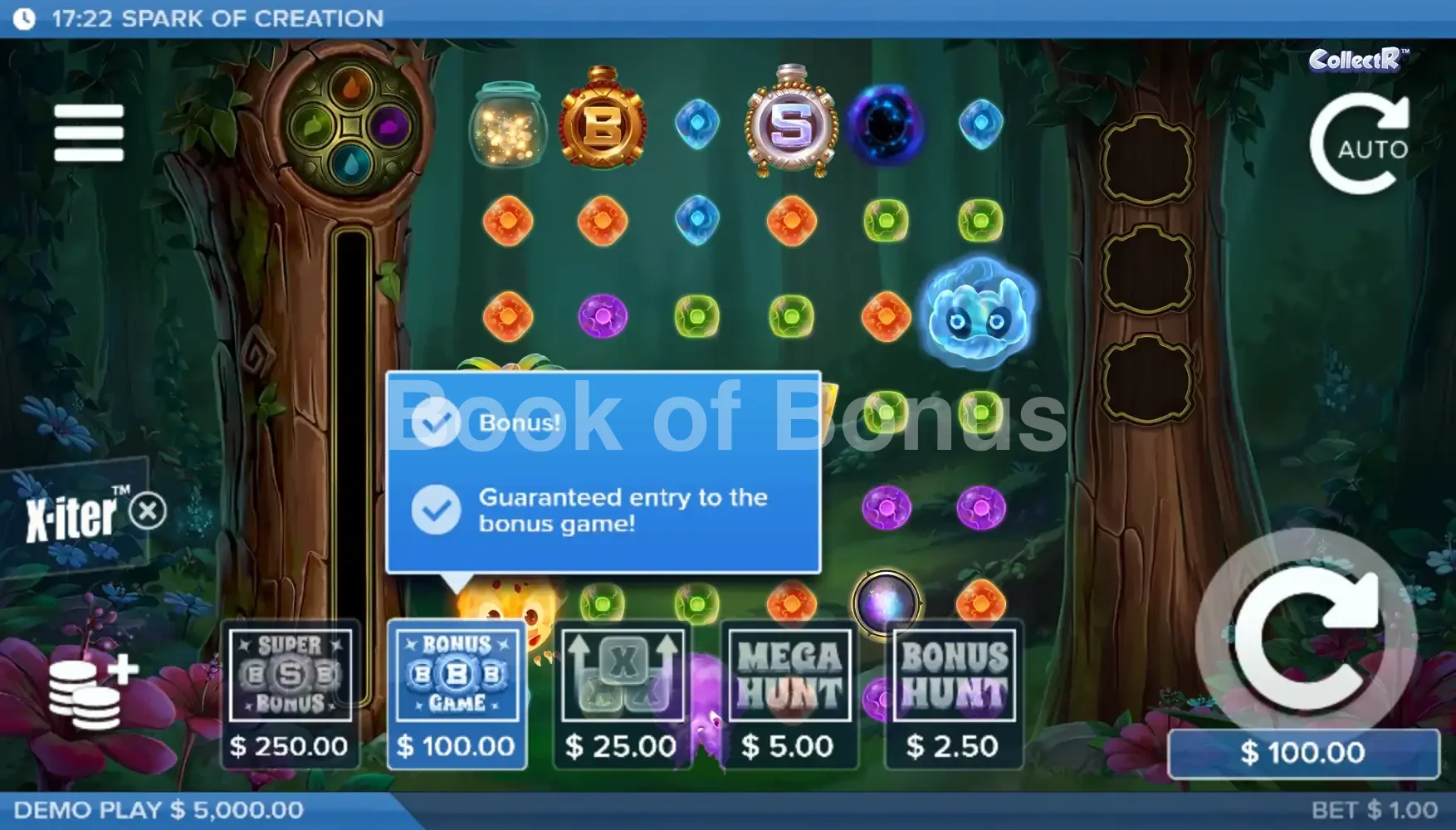 Spark of Creation par ELK Studios - menu d'achat de bonus et options
