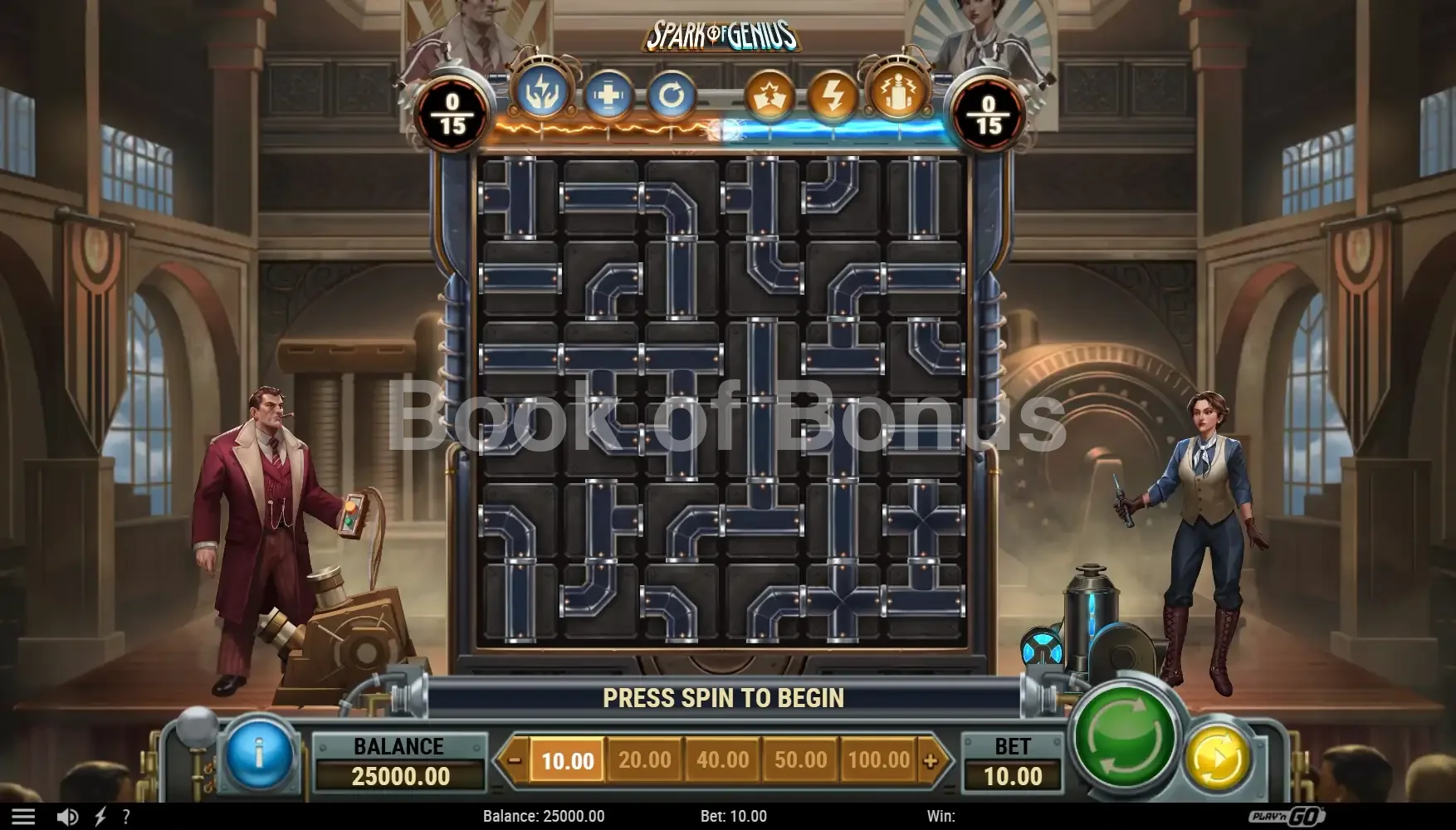 Spark of Genius par Play'n GO - jeu de base et disposition des rouleaux