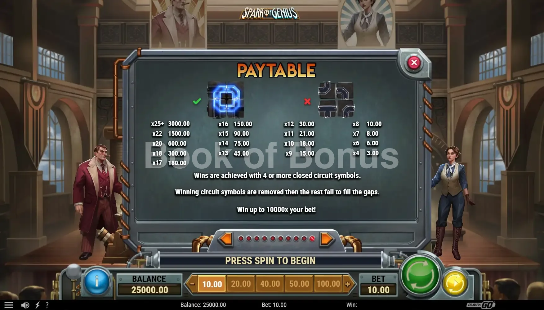Spark of Genius par Play'n GO - table des gains et valeurs des symboles