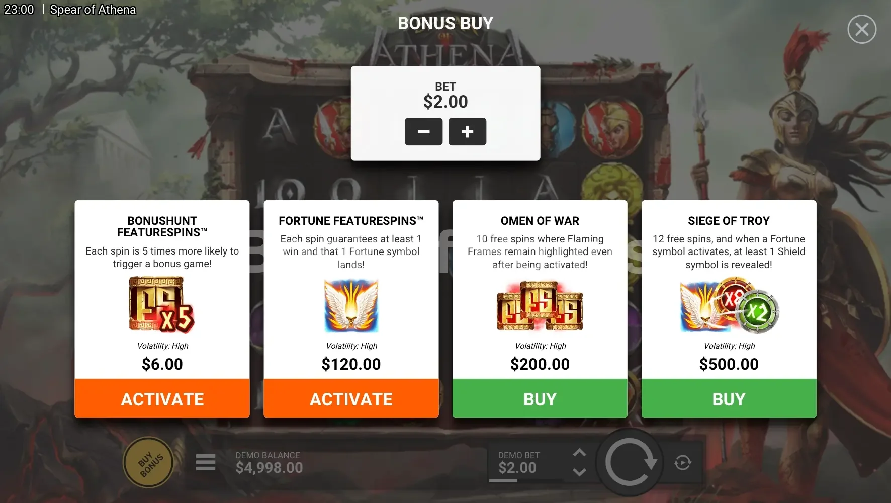 Spear of Athena par Hacksaw Gaming - menu d'achat de bonus et options