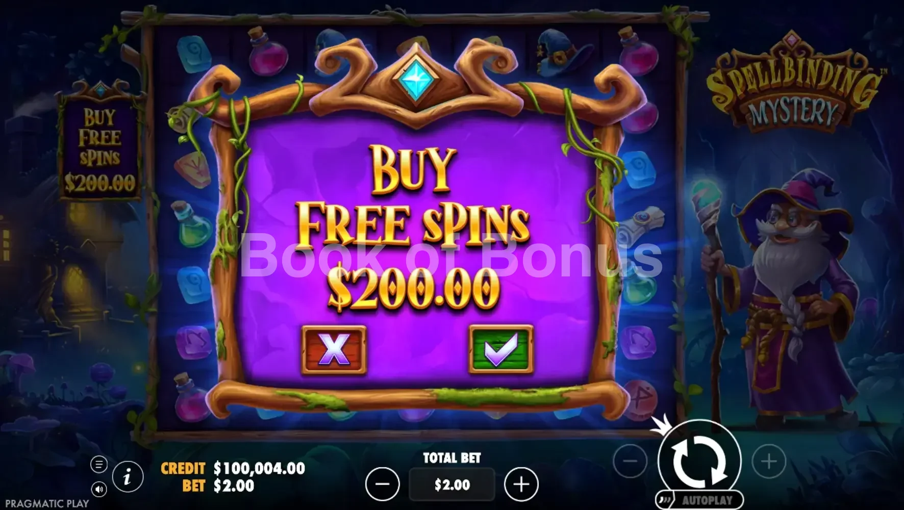 Spellbinding Mystery par Pragmatic Play - menu d'achat de bonus et options