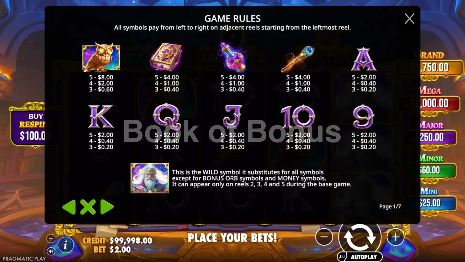 Spellmaster par Pragmatic Play - table des gains et valeurs des symboles