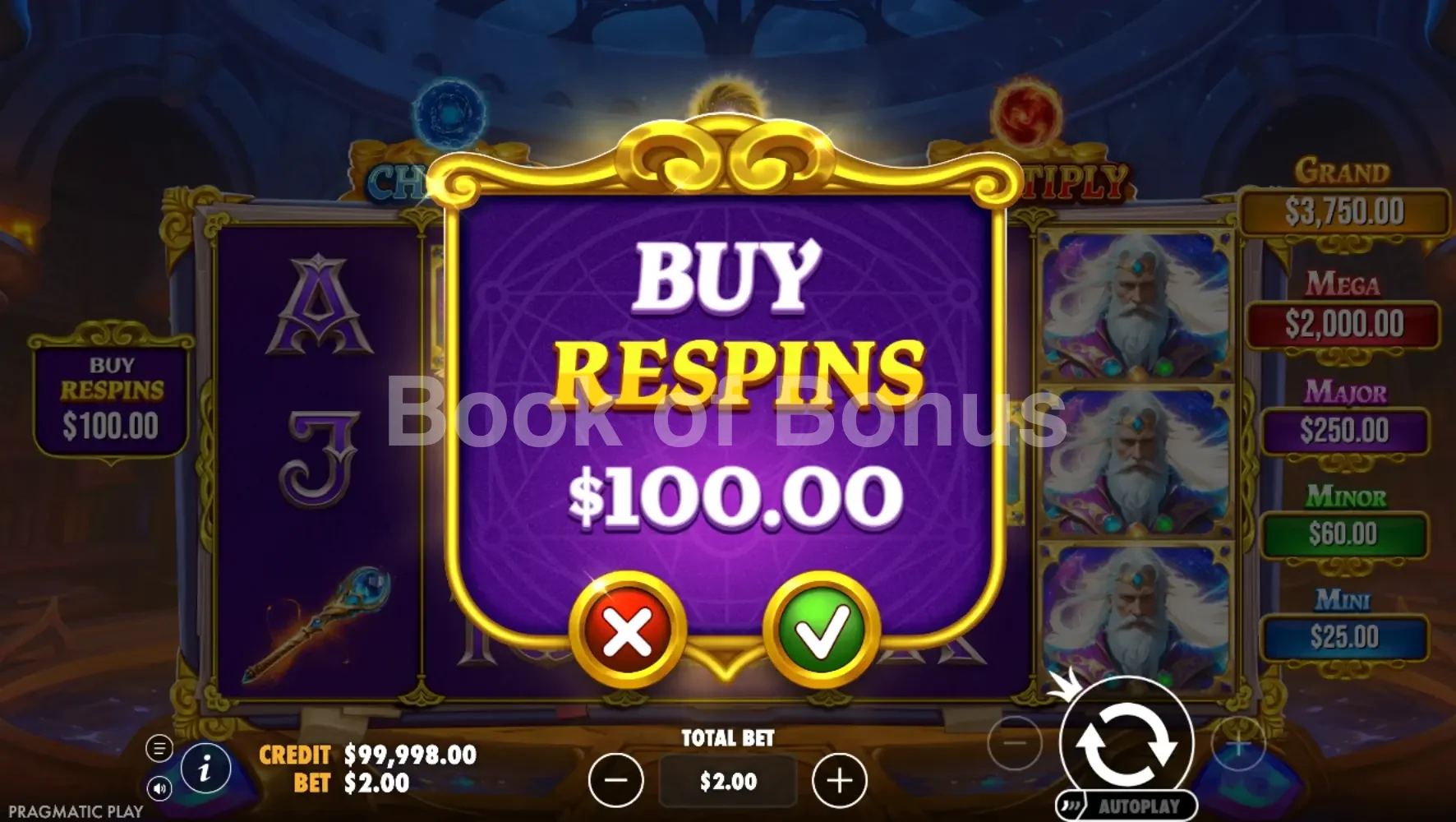 Spellmaster par Pragmatic Play - menu d'achat de bonus et options