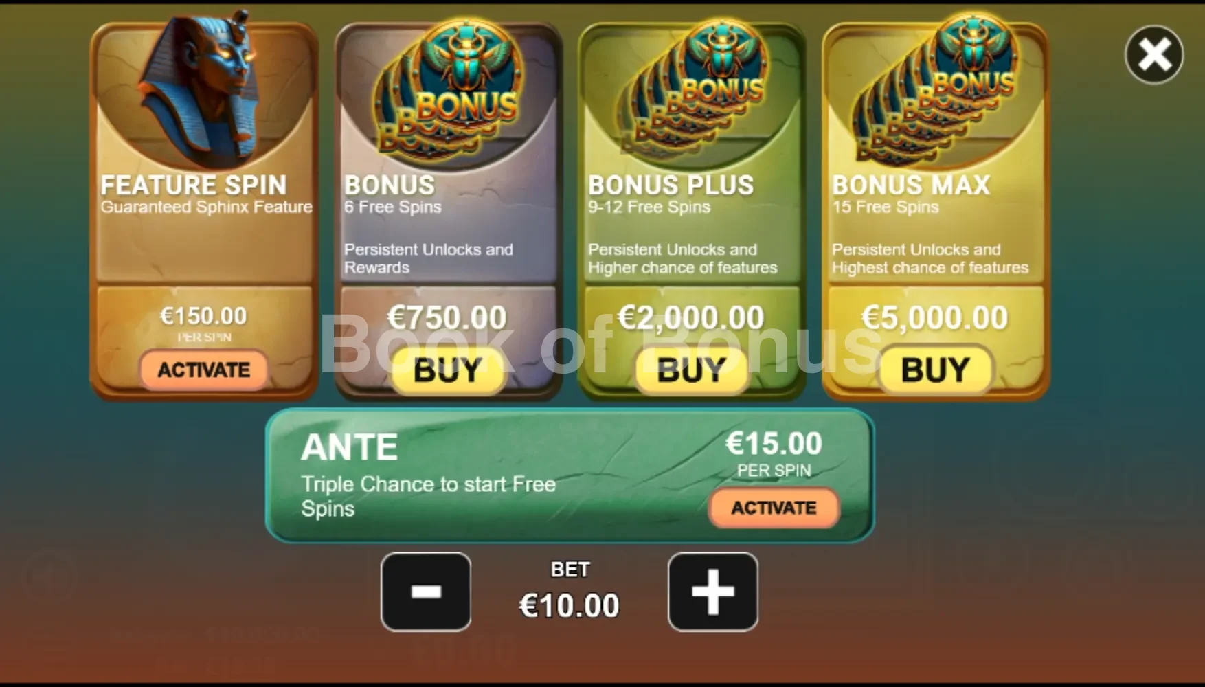 Sphinx Treasure par Avatar UX - menu d'achat de bonus et options
