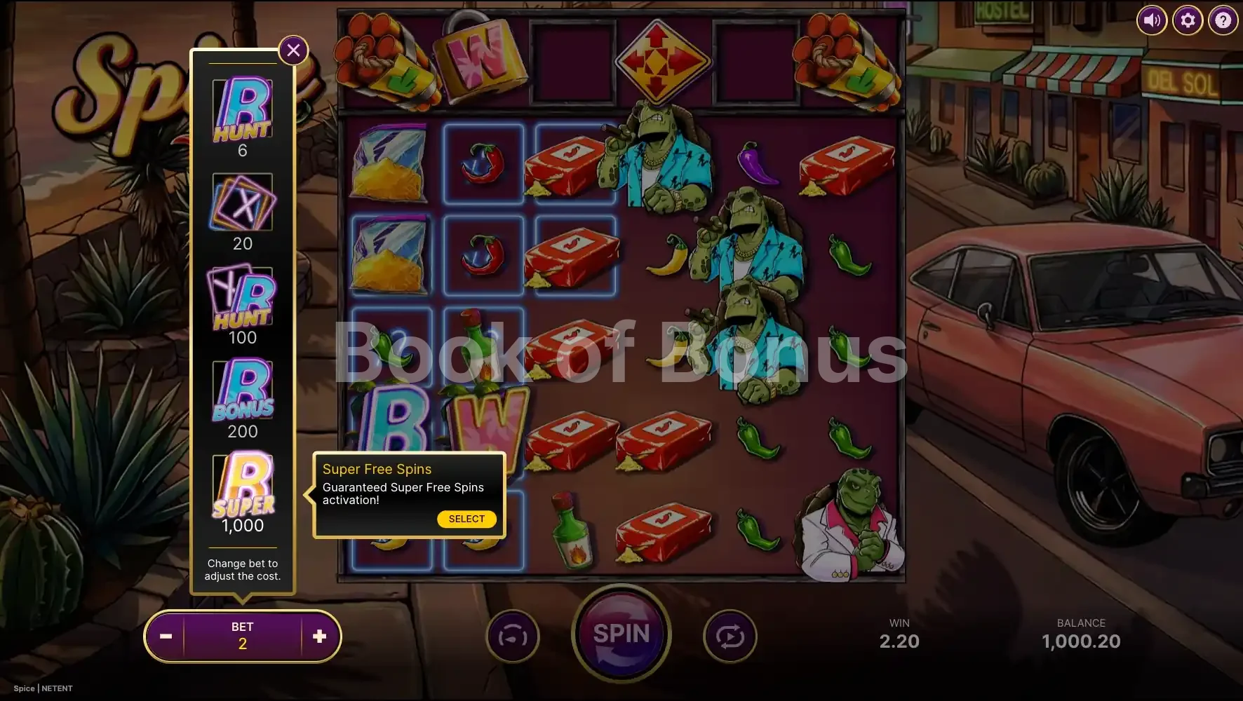 Spice par NetEnt - menu d'achat de bonus et options