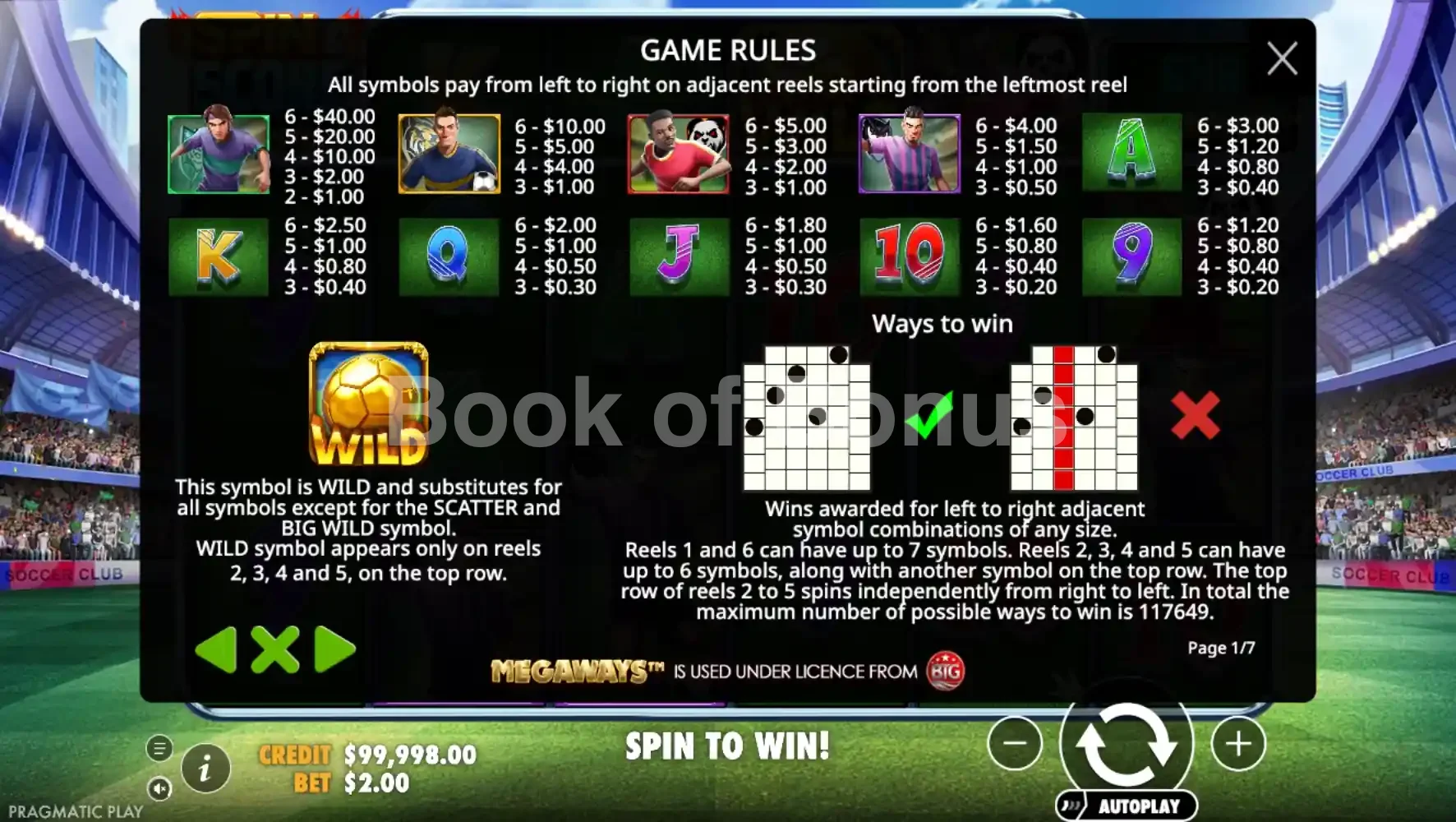 Spin & Score Megaways par Pragmatic Play - table des gains et valeurs des symboles