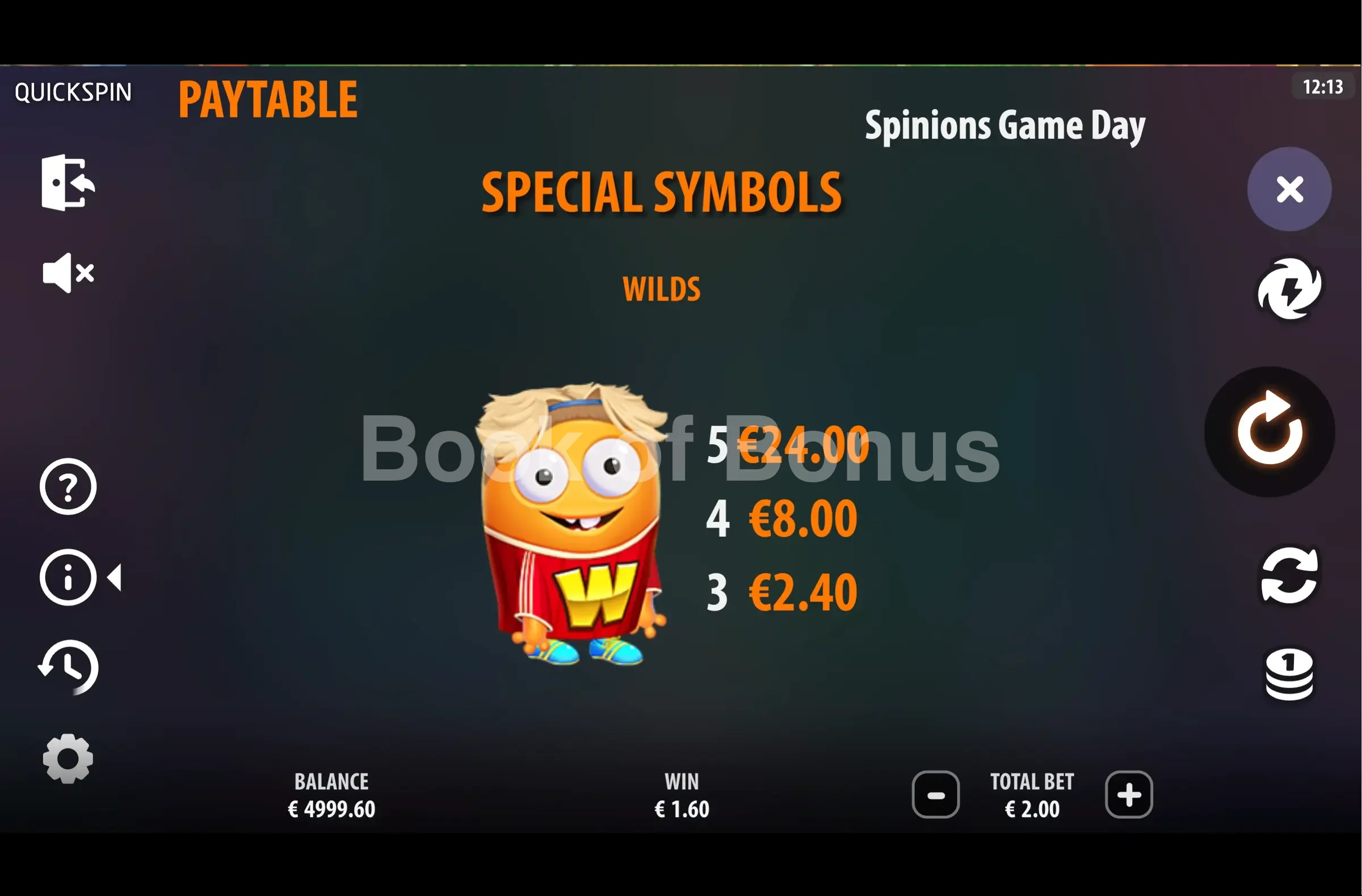 Spinions Game Day par Quickspin - table des gains et valeurs des symboles
