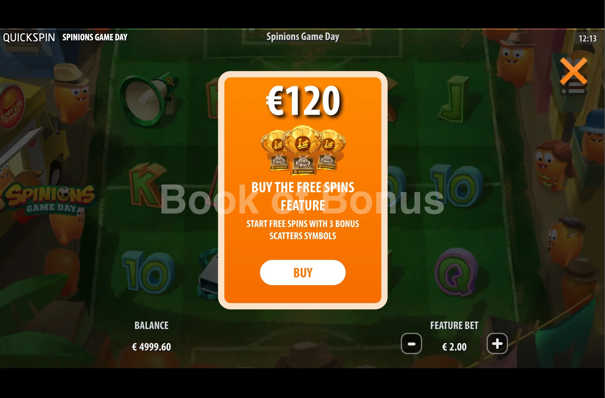 Spinions Game Day par Quickspin - menu d'achat de bonus et options