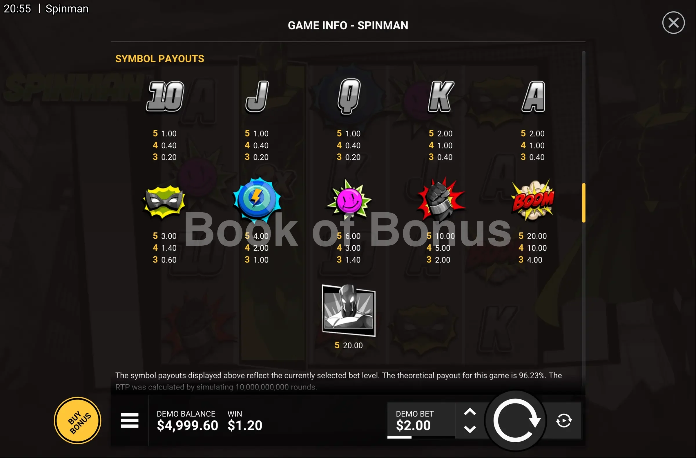 Spinman par Hacksaw Gaming - table des gains et valeurs des symboles