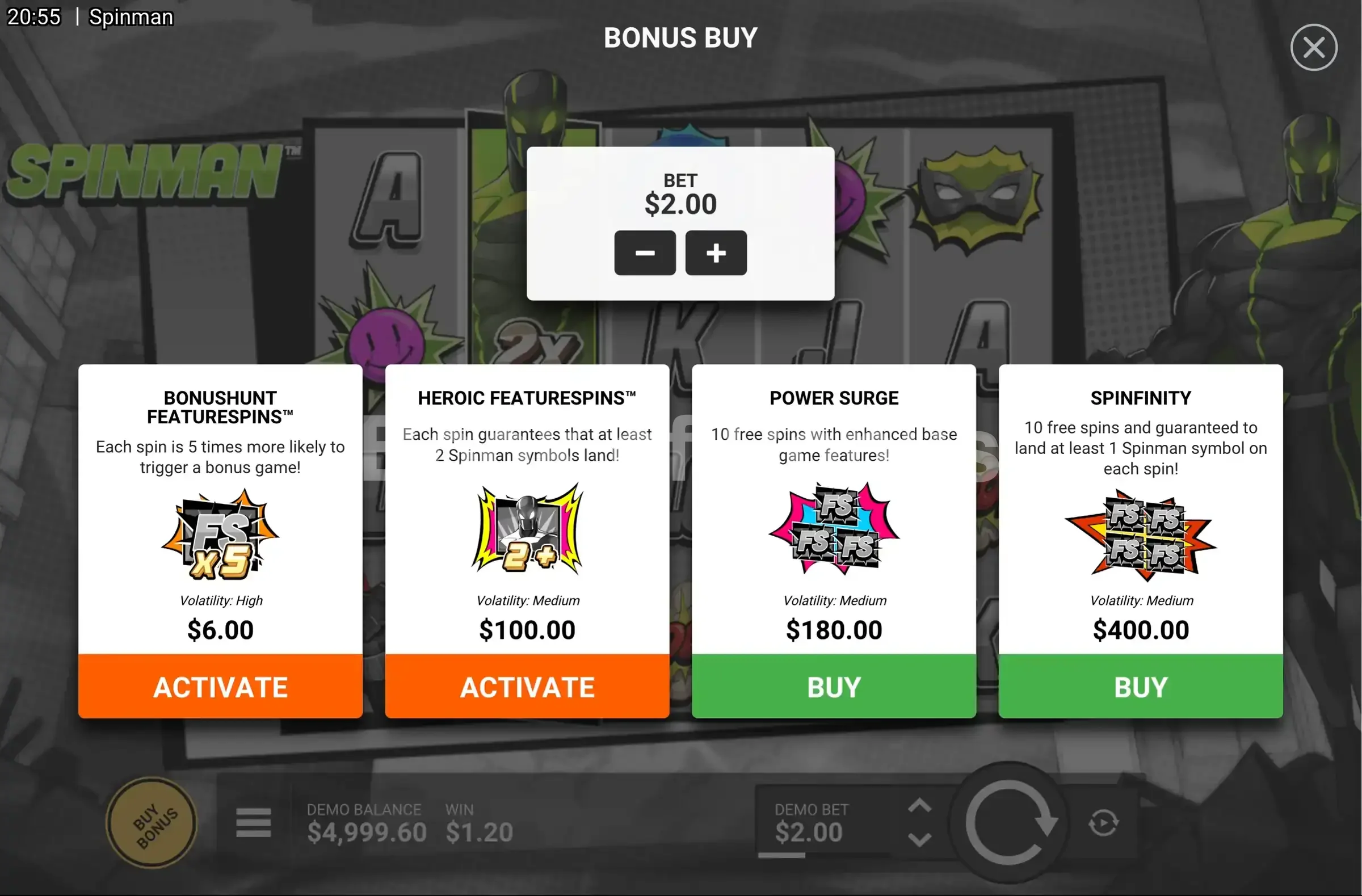 Spinman par Hacksaw Gaming - menu d'achat de bonus et options