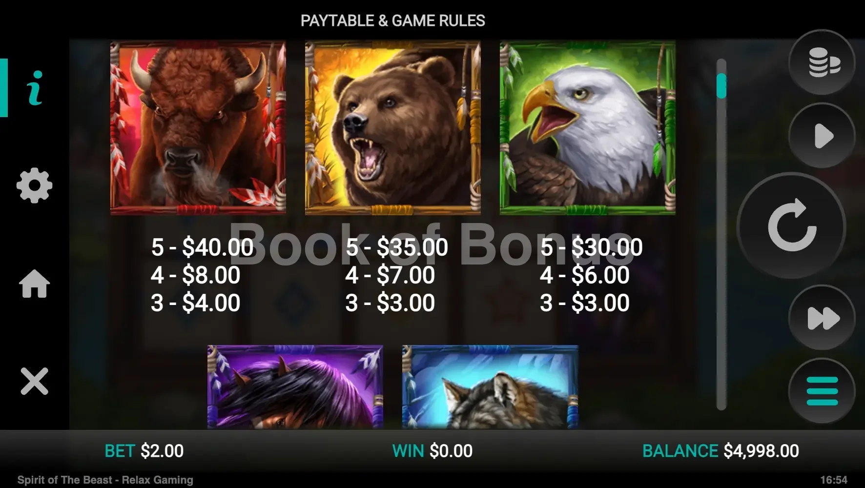 Spirit of the Beast par Relax Gaming - table des gains et valeurs des symboles