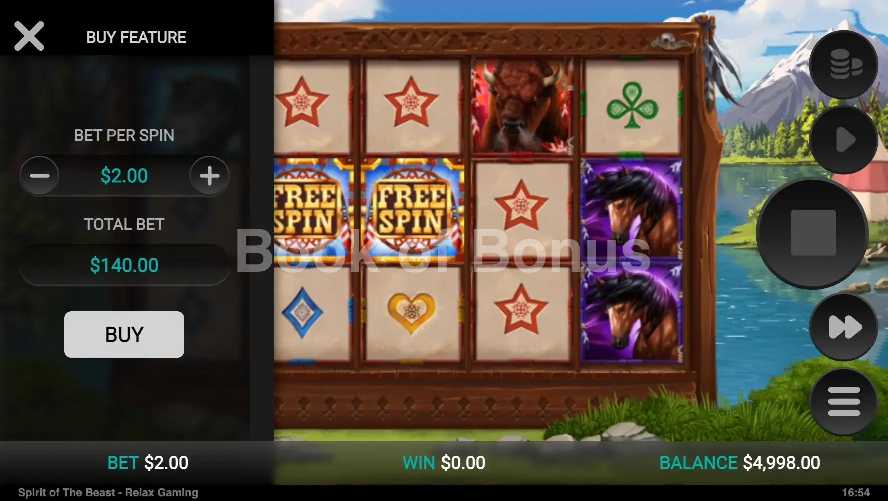 Spirit of the Beast par Relax Gaming - menu d'achat de bonus et options