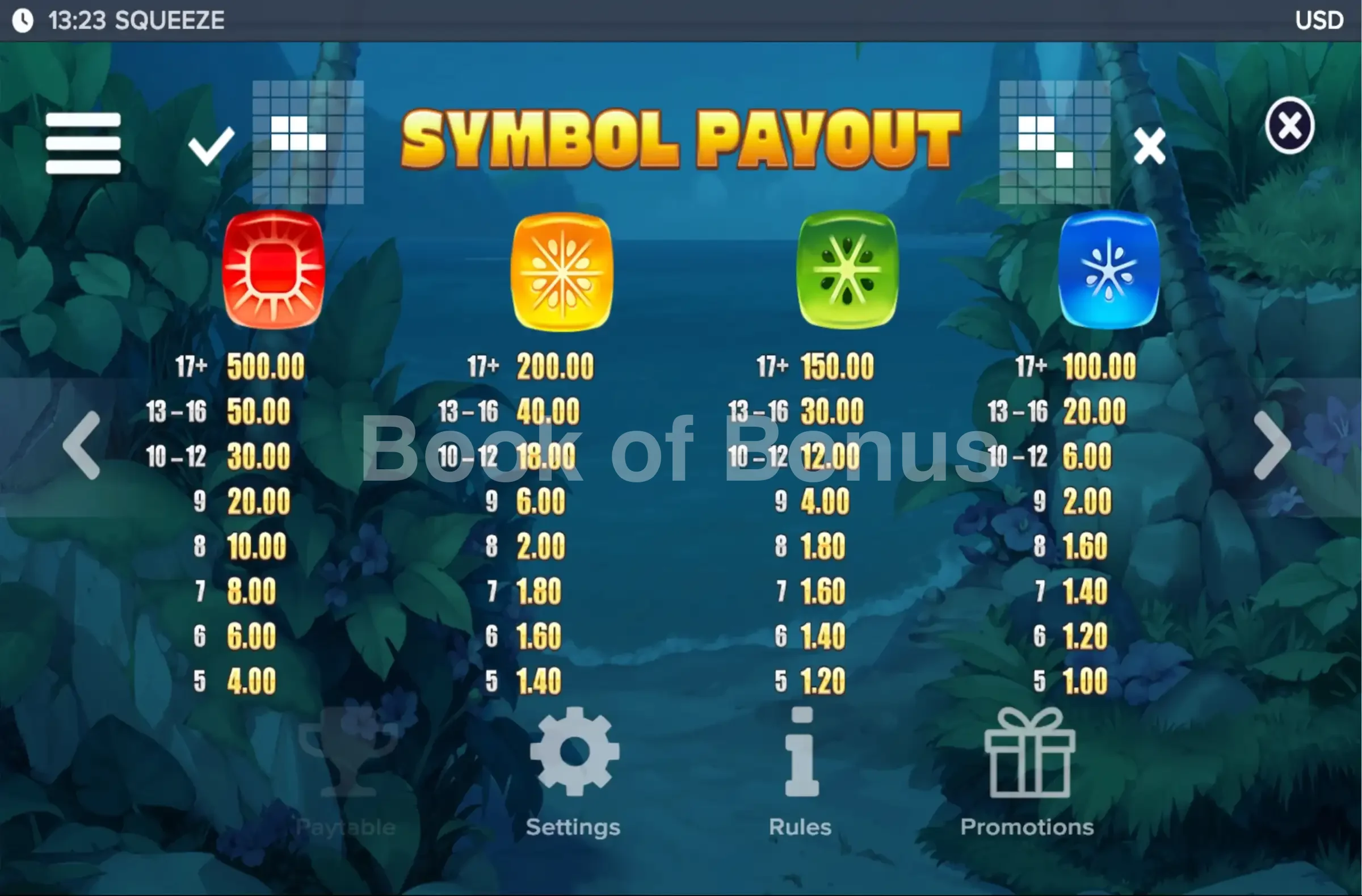 Squeeze par ELK Studios - table des gains et valeurs des symboles