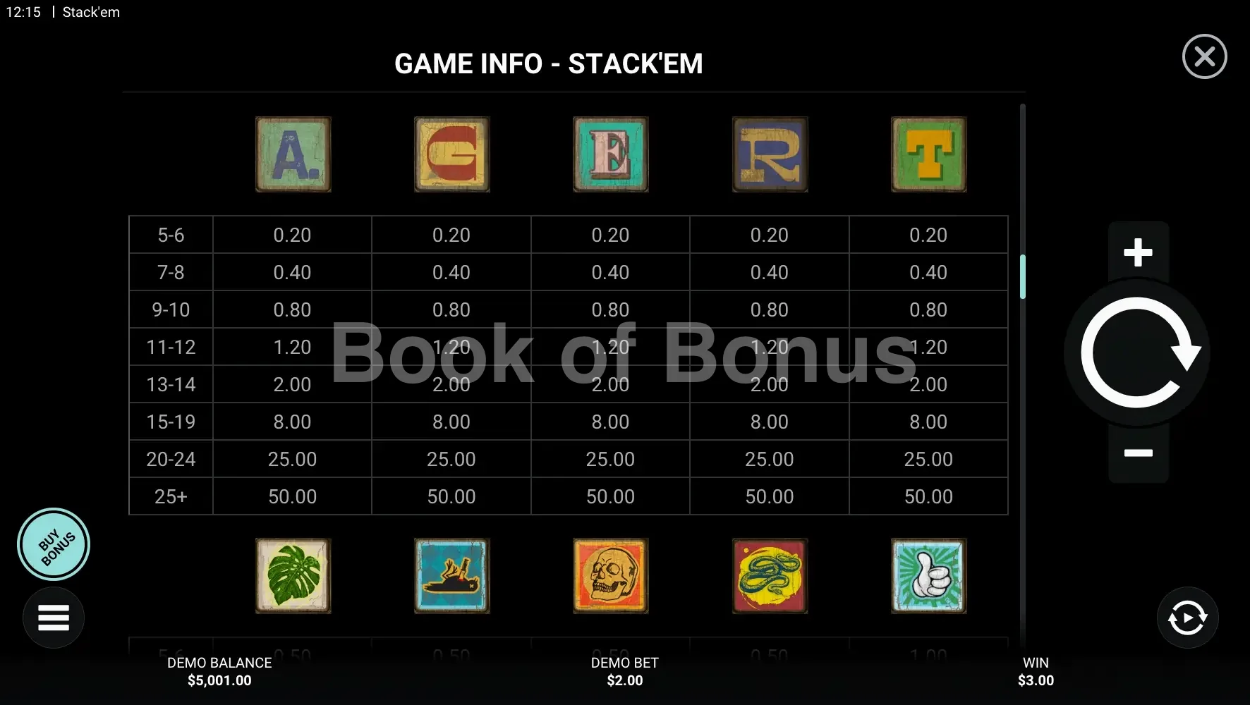 Stack 'Em par Hacksaw Gaming - table des gains et valeurs des symboles