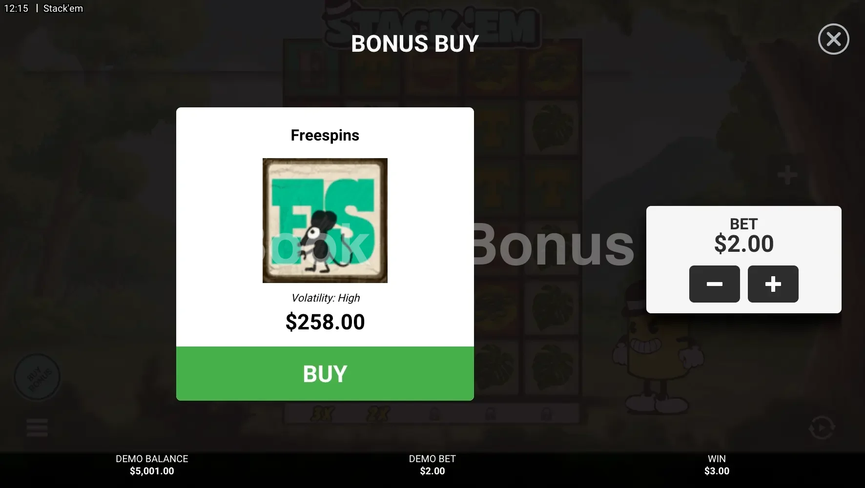 Stack 'Em par Hacksaw Gaming - menu d'achat de bonus et options