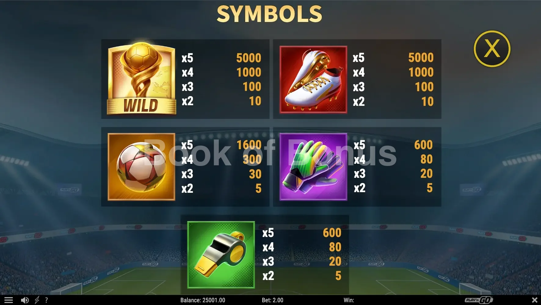 Stadium of Riches par Play'n GO - table des gains et valeurs des symboles